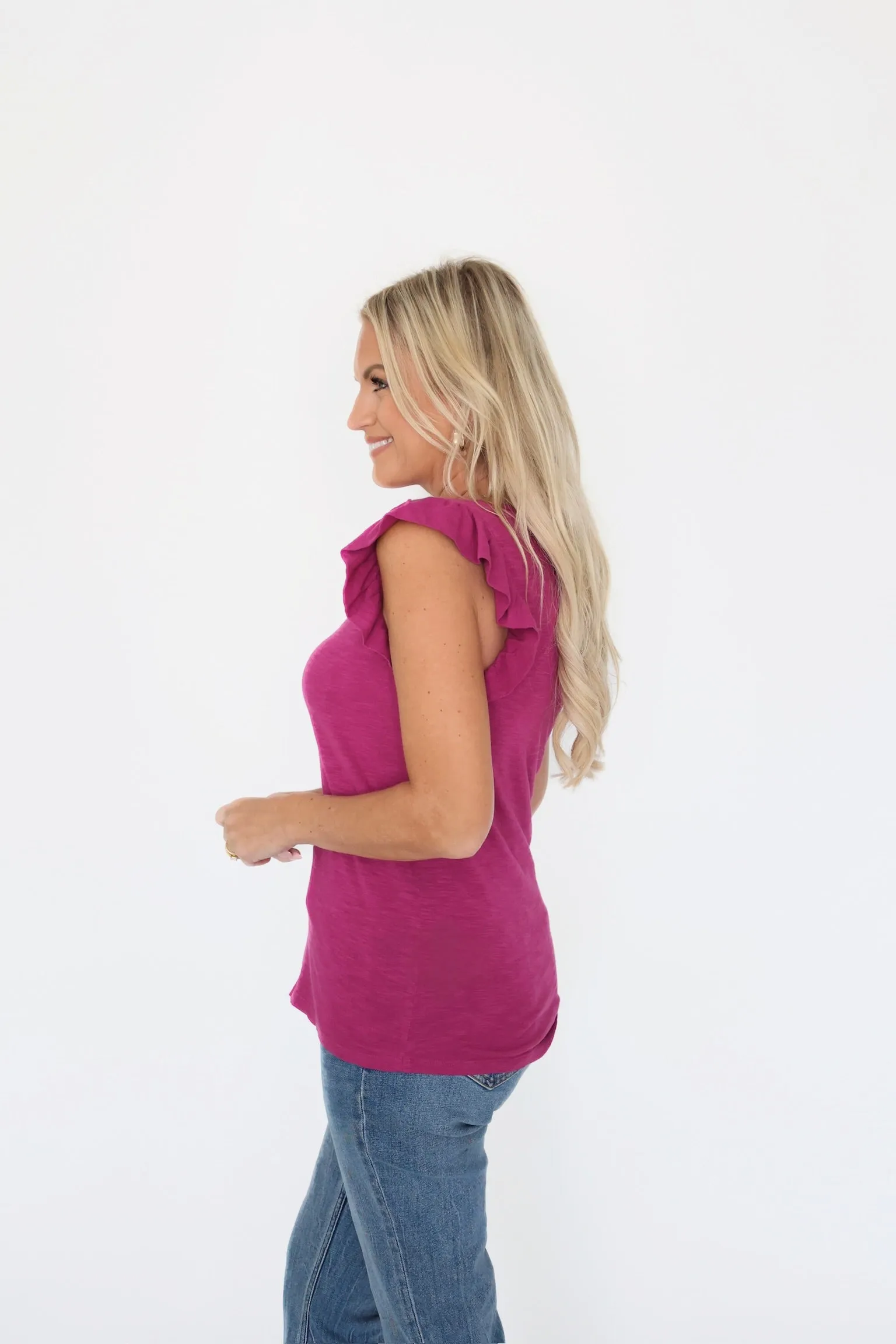 StretchFabric NonChafe Tag Placement North Ruffle Tank - Orchid