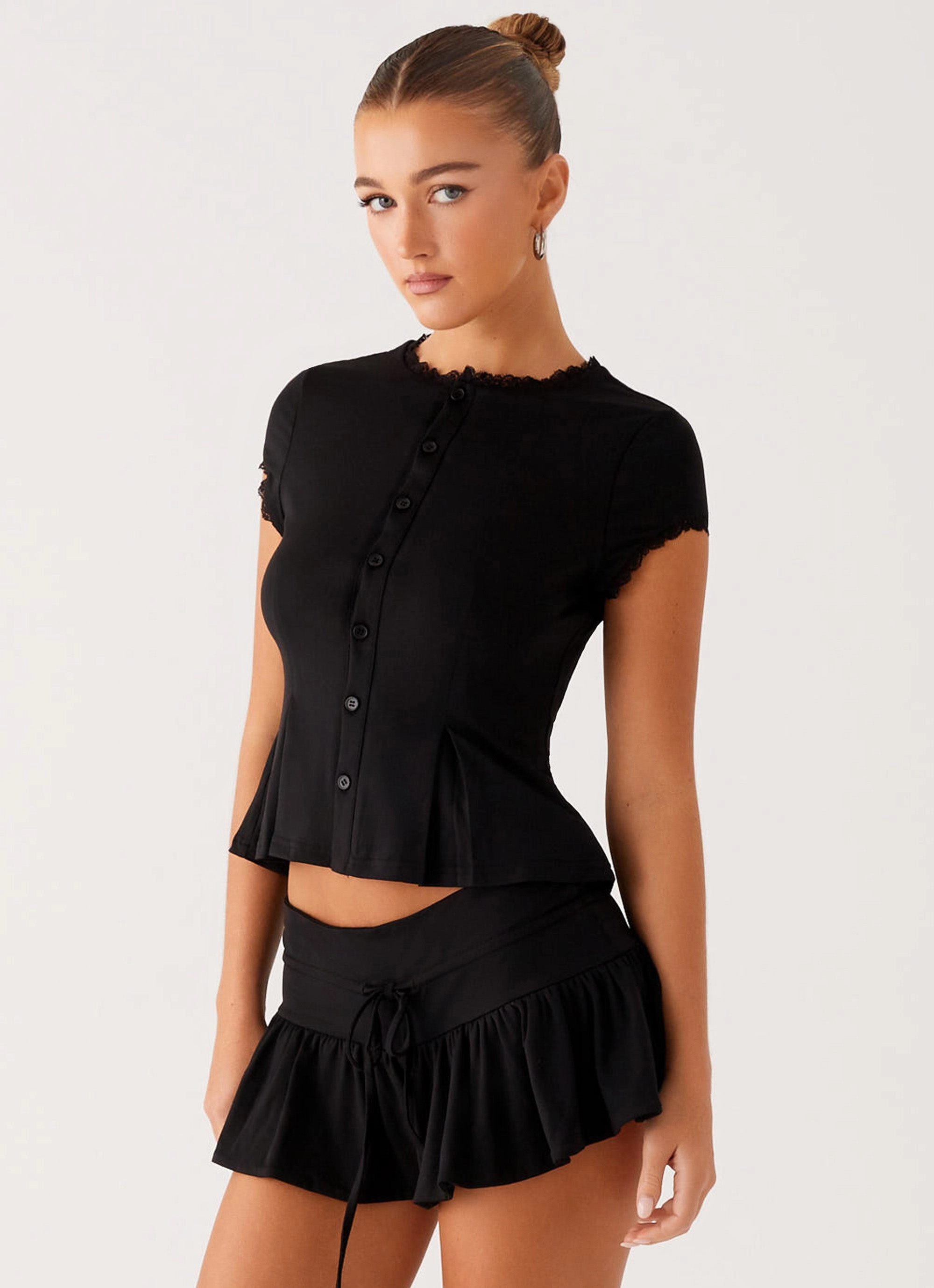 Landon Button Up Top - Black Lightweight Material