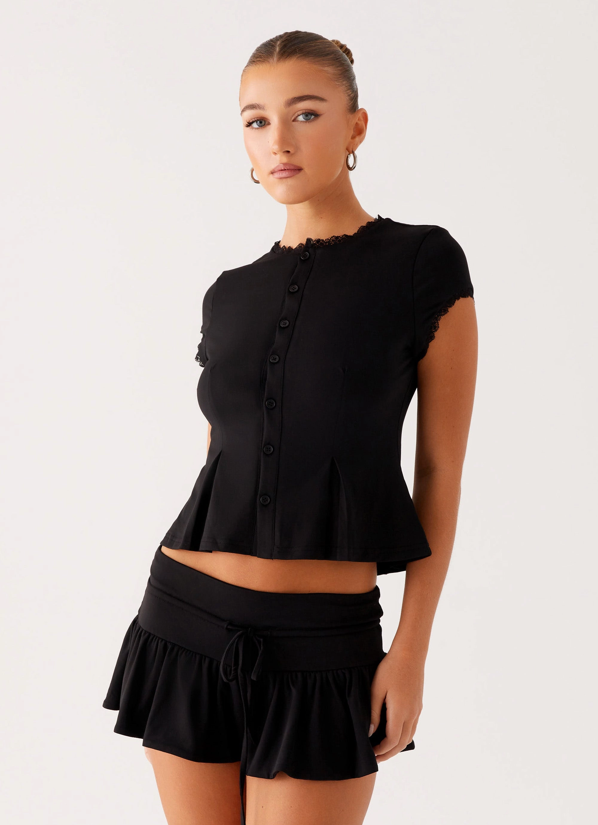 DualLayer Weave RaglanSleeve Landon Button Up Top - Black