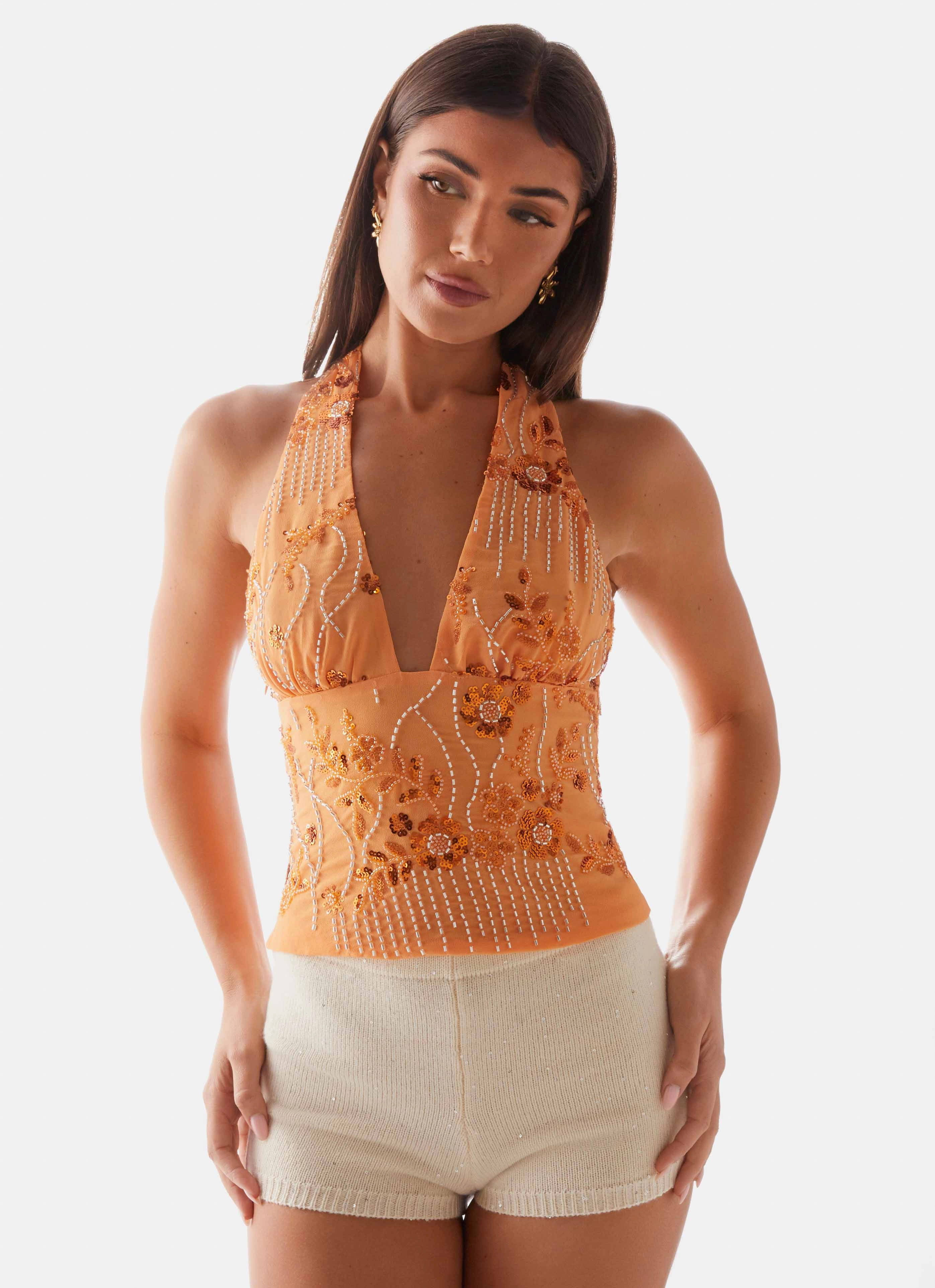 AntiPill Texture Atlanta Sequin Halter Top - Orange