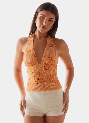 AntiPill Texture Atlanta Sequin Halter Top - Orange
