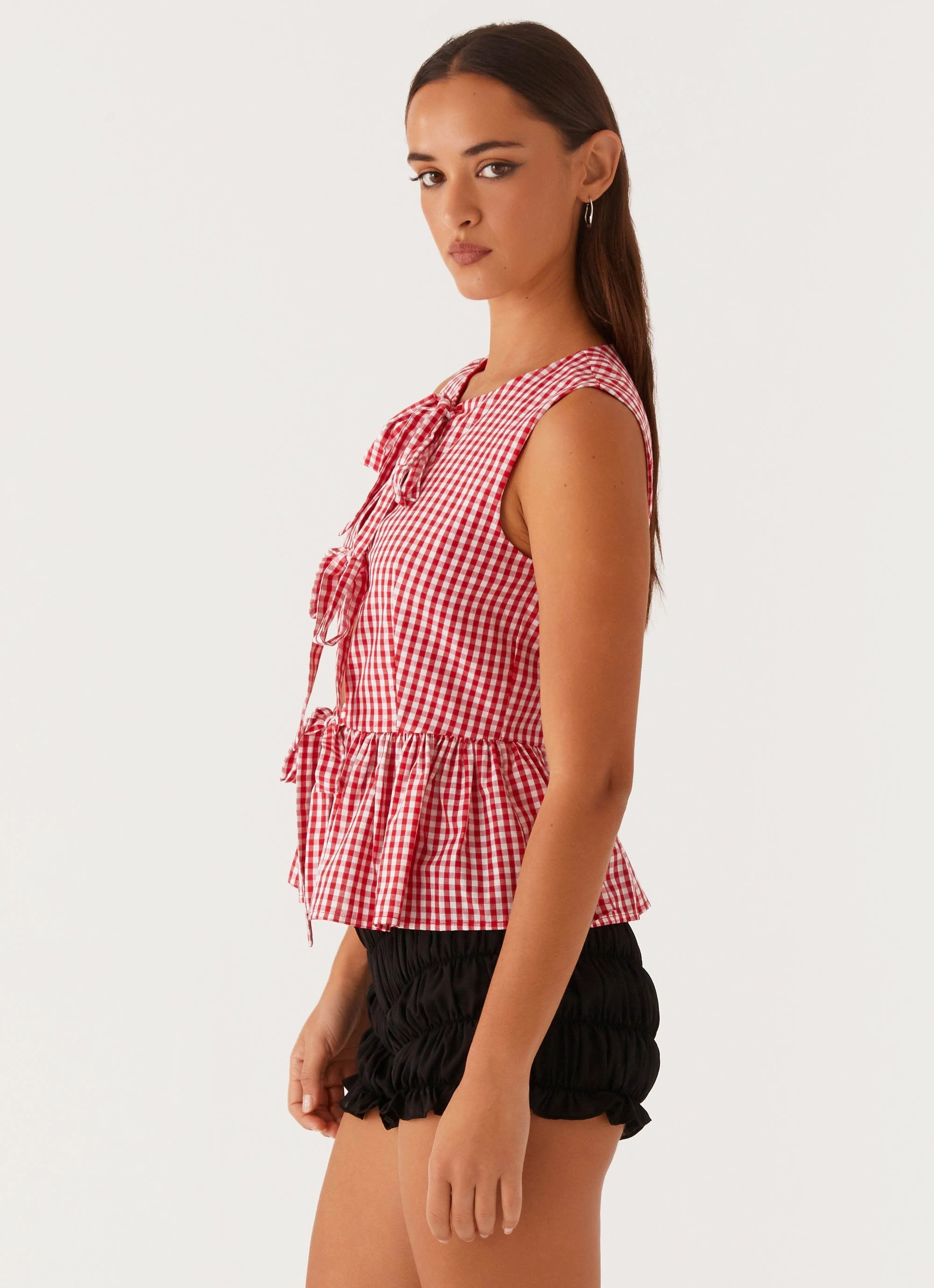 Layered Placket Design ZipperedPockets Cyrene Tie Top - Red Gingham