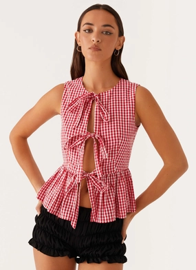 Cyrene Tie Top - Red Gingham Quick Dry Tech