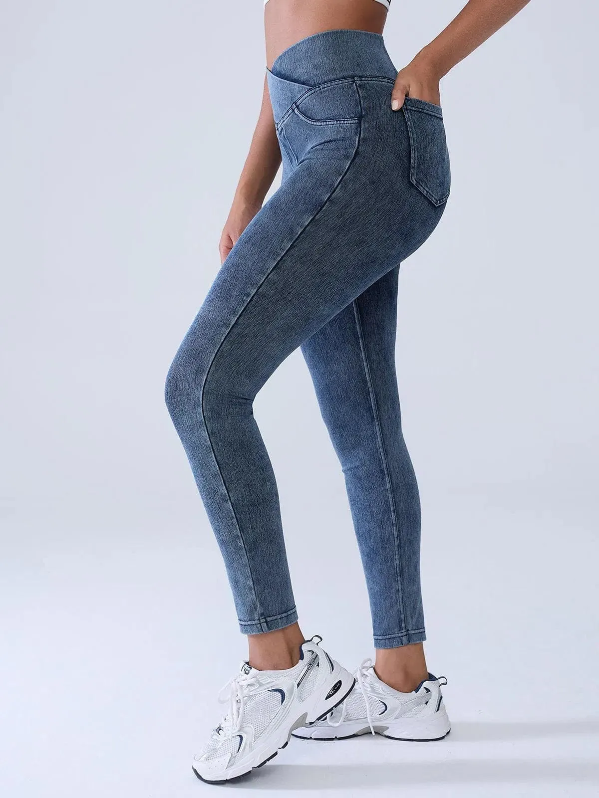 ReinforcedArmholes BRXL Knit Denim Crossover Waist Workout Leggings