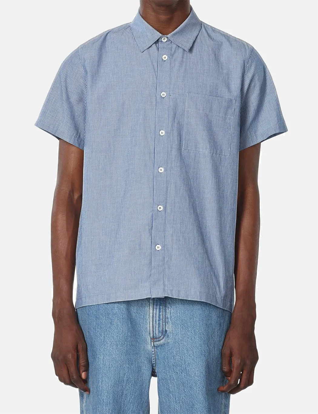A.P.C. Bruce Short Sleeve Shirt (Striped Chambray) - Blue