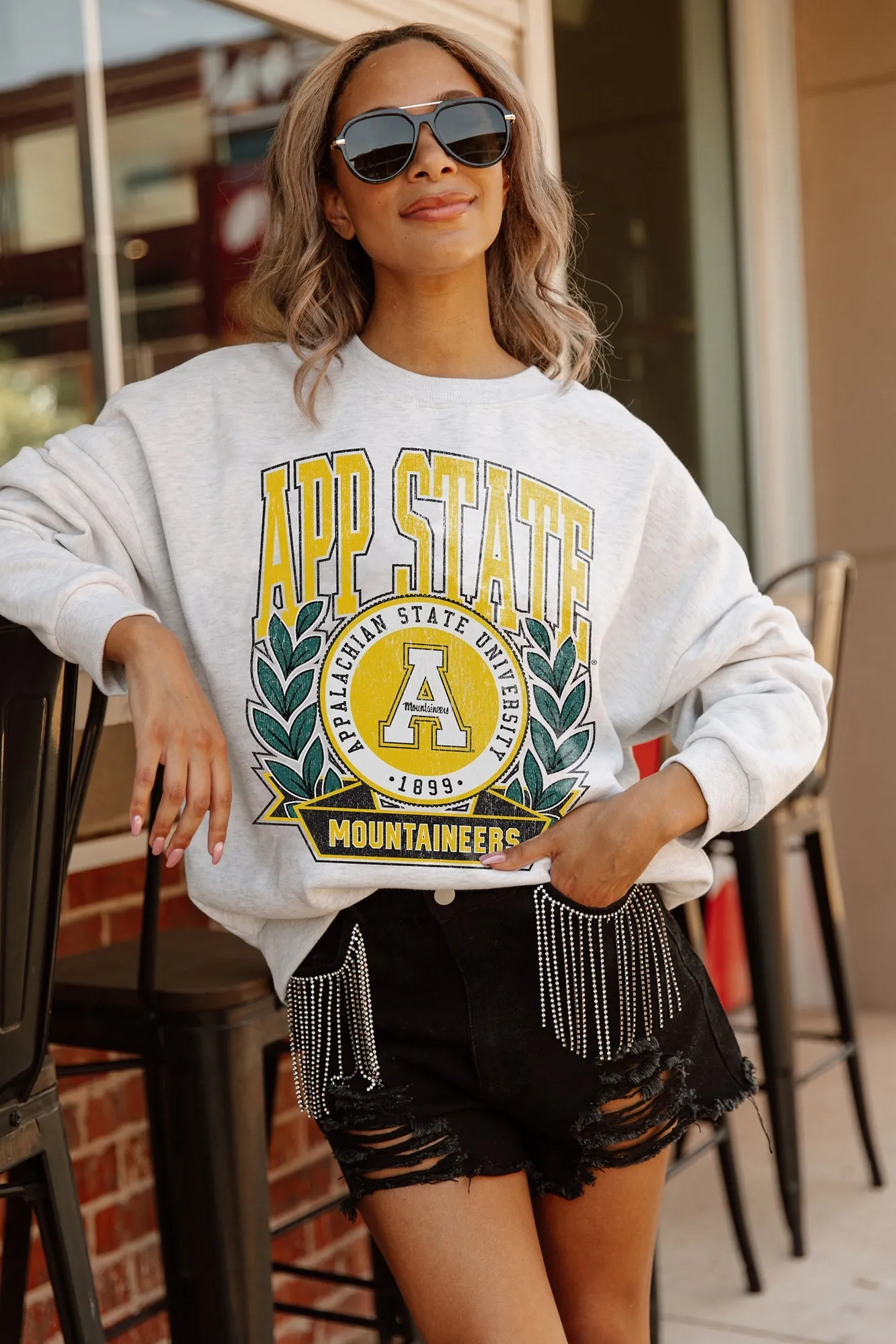 APPALACHIAN STATE MOUNTAINEERS GO FIGHT WIN PREMIUM FLEECE DROP SHOULDER CREWNECK PULLOVER BY MADI PREWETT TROUTT