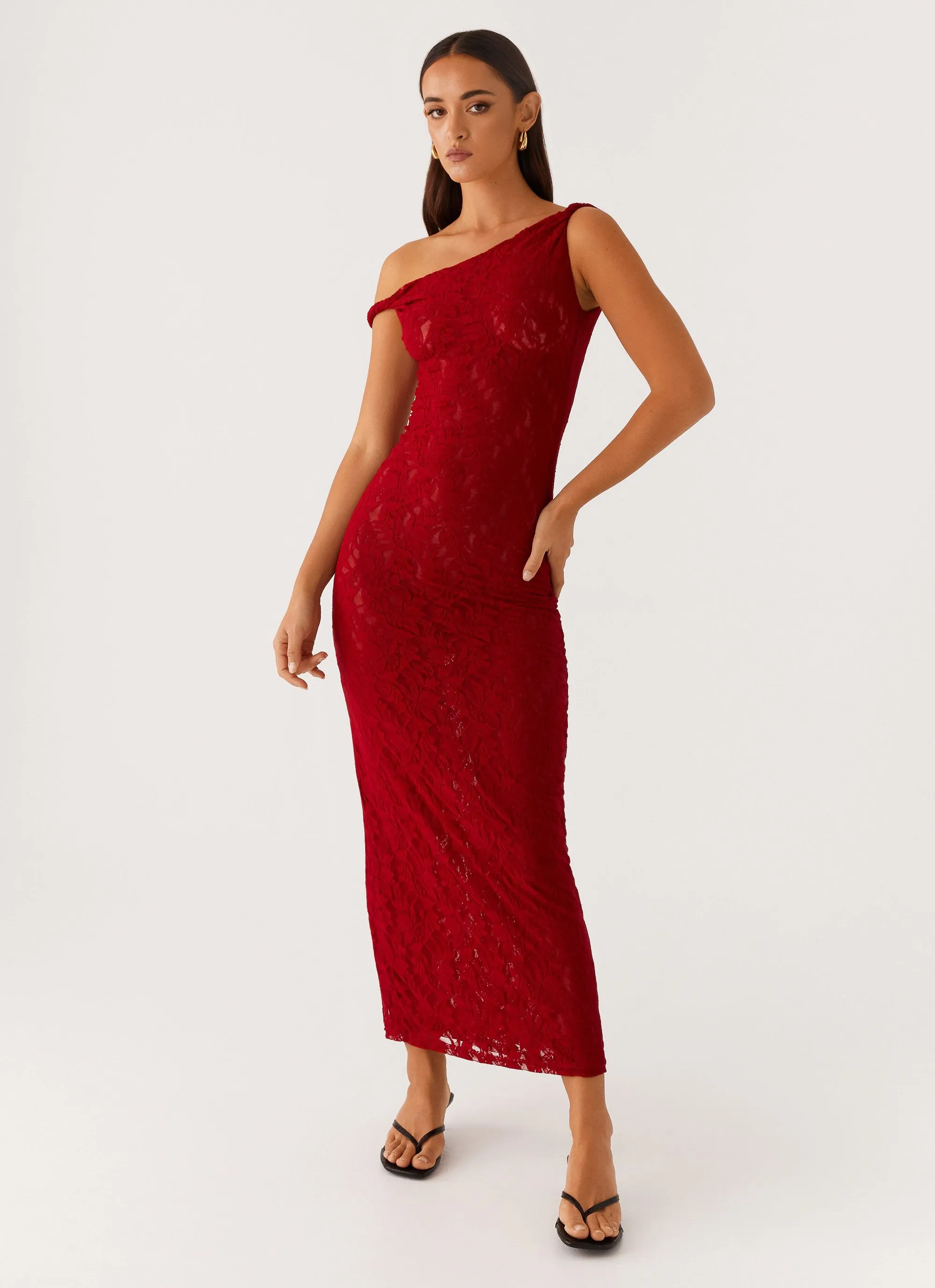 Arabella Twist Shoulder Maxi Dress - Maroon Soft color