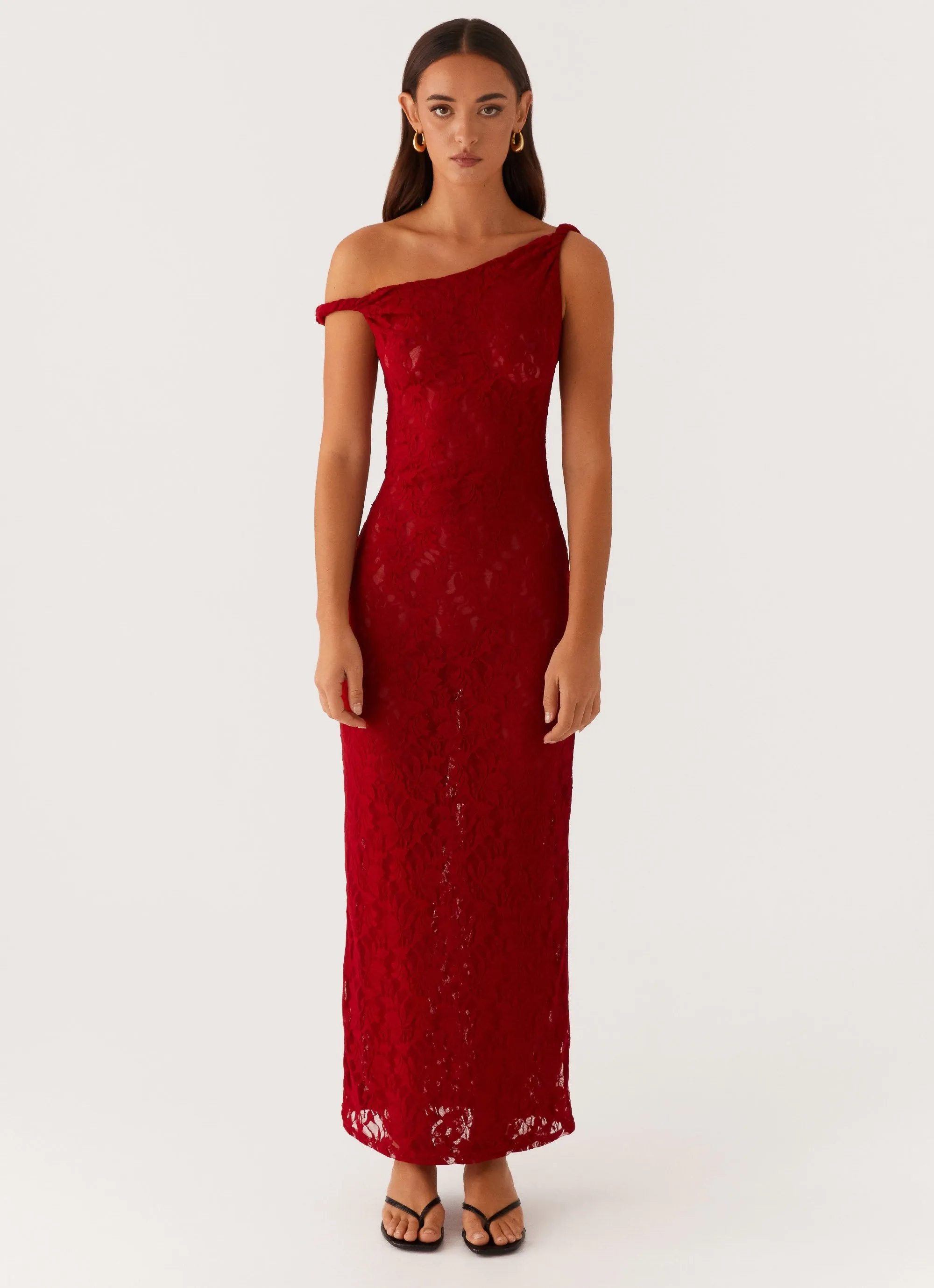 Evening Chic Arabella Twist Shoulder Maxi Dress - Maroon