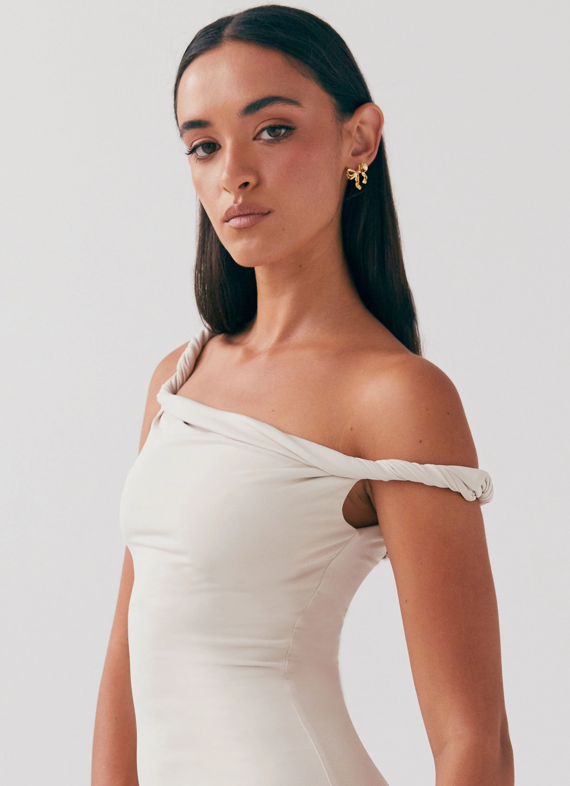 Elegant Detail Arabella Twist Shoulder Maxi Dress - Beige