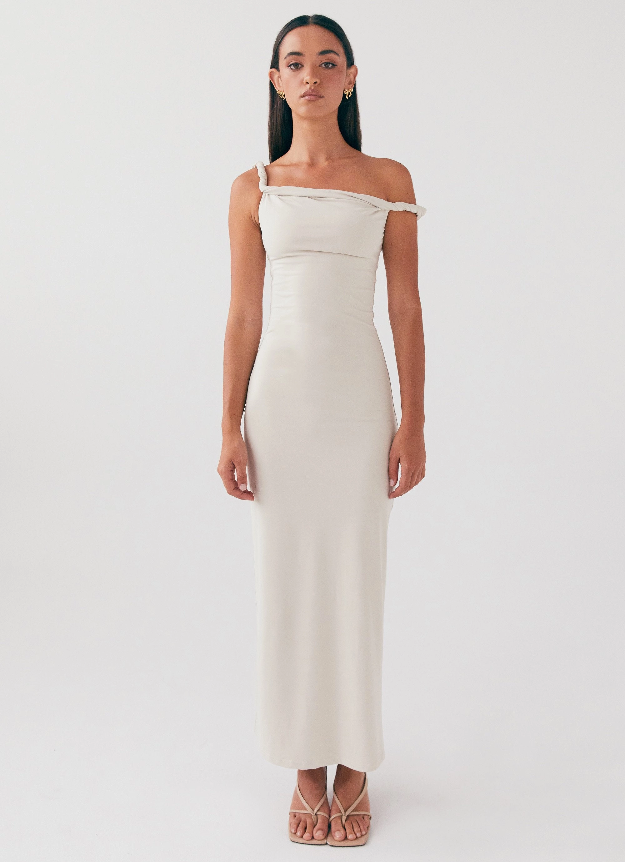 Arabella Twist Shoulder Maxi Dress - Beige Work-to-Play Wear packable