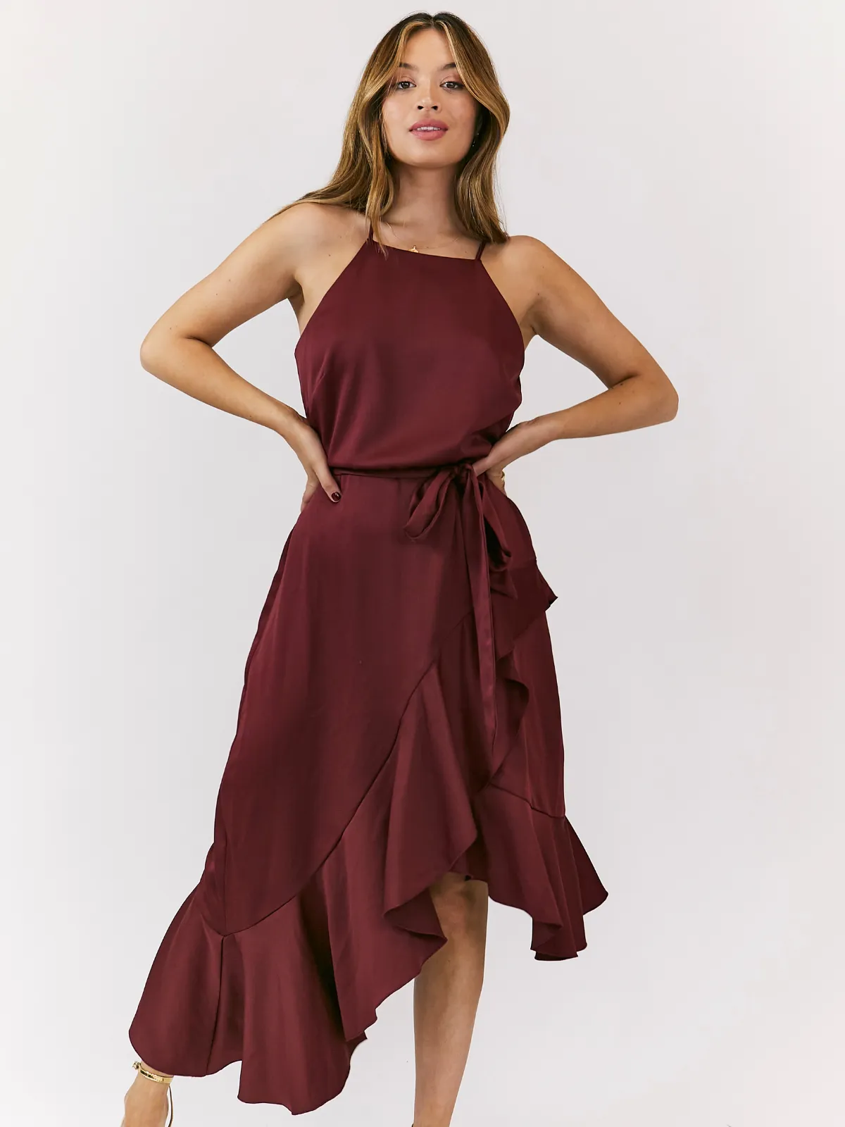 Ariana Halter Frill Dress / Mulberry Red custom-fit