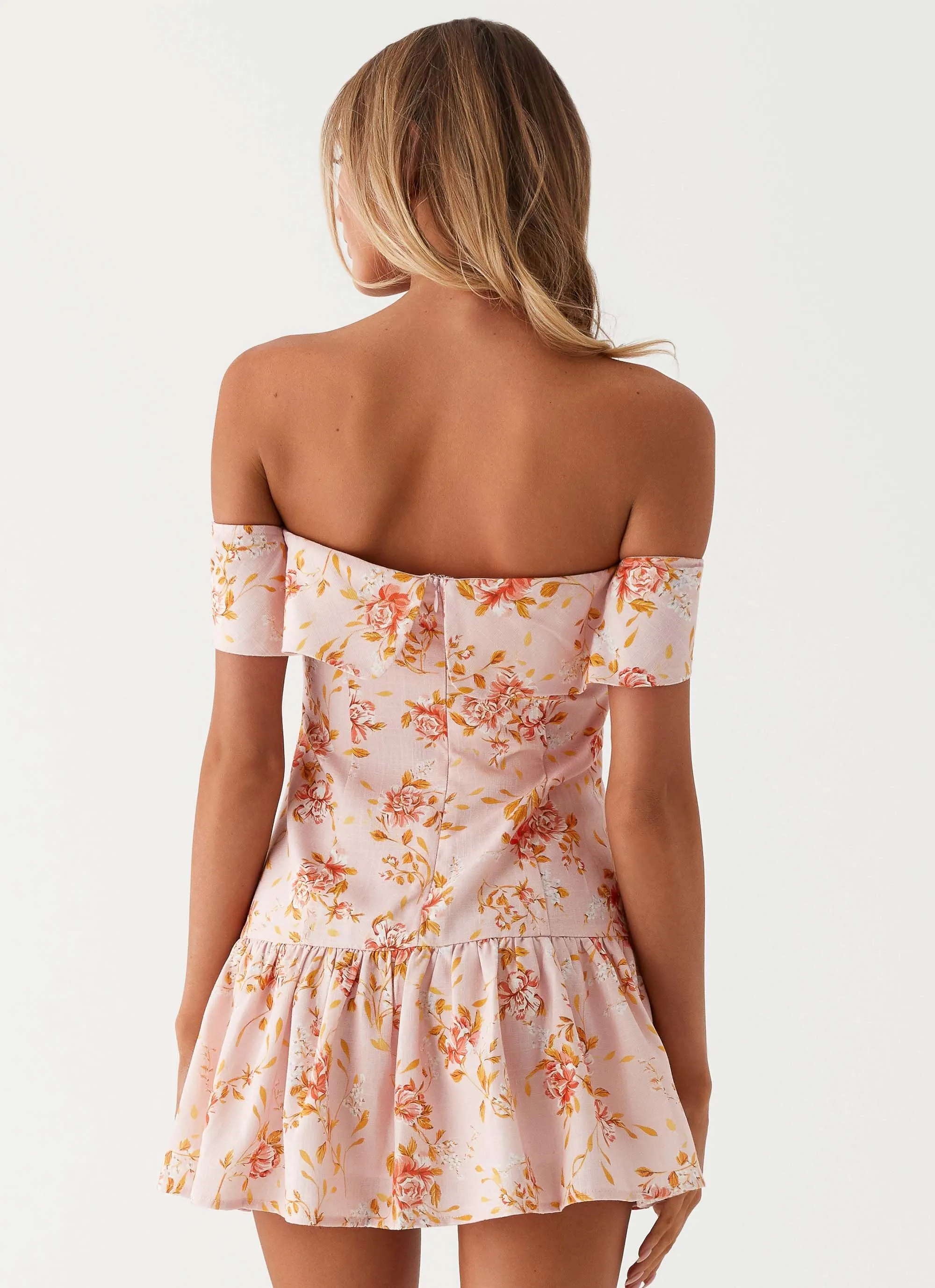 Aries Off Shoulder Linen Mini Dress - Pink Floral Stretchable