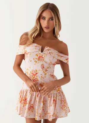 Aries Off Shoulder Linen Mini Dress - Pink Floral Soft and Stylish Effortless Layering