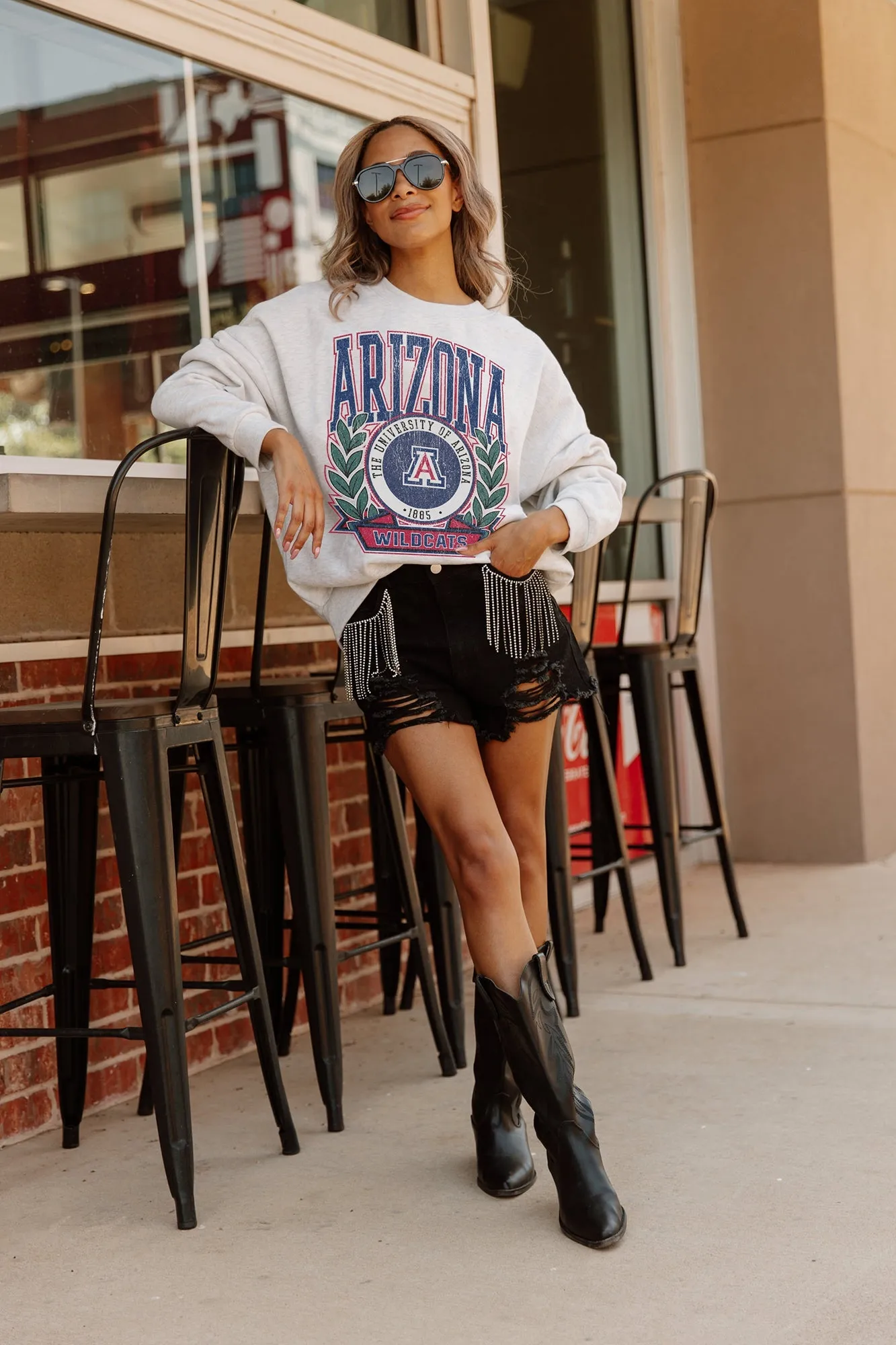 ARIZONA WILDCATS GO FIGHT WIN PREMIUM FLEECE DROP SHOULDER CREWNECK PULLOVER BY MADI PREWETT TROUTT