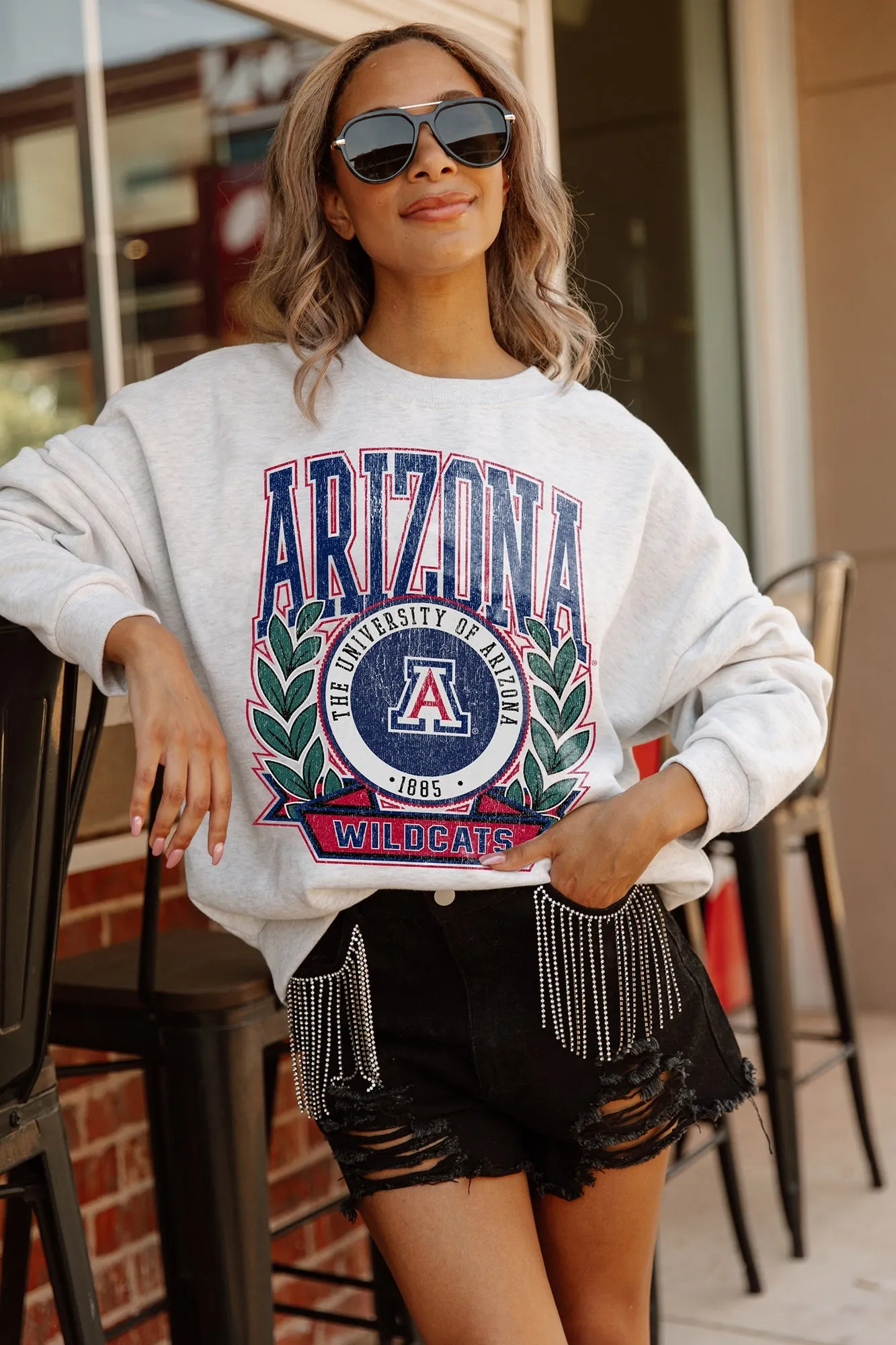ARIZONA WILDCATS GO FIGHT WIN PREMIUM FLEECE DROP SHOULDER CREWNECK PULLOVER BY MADI PREWETT TROUTT