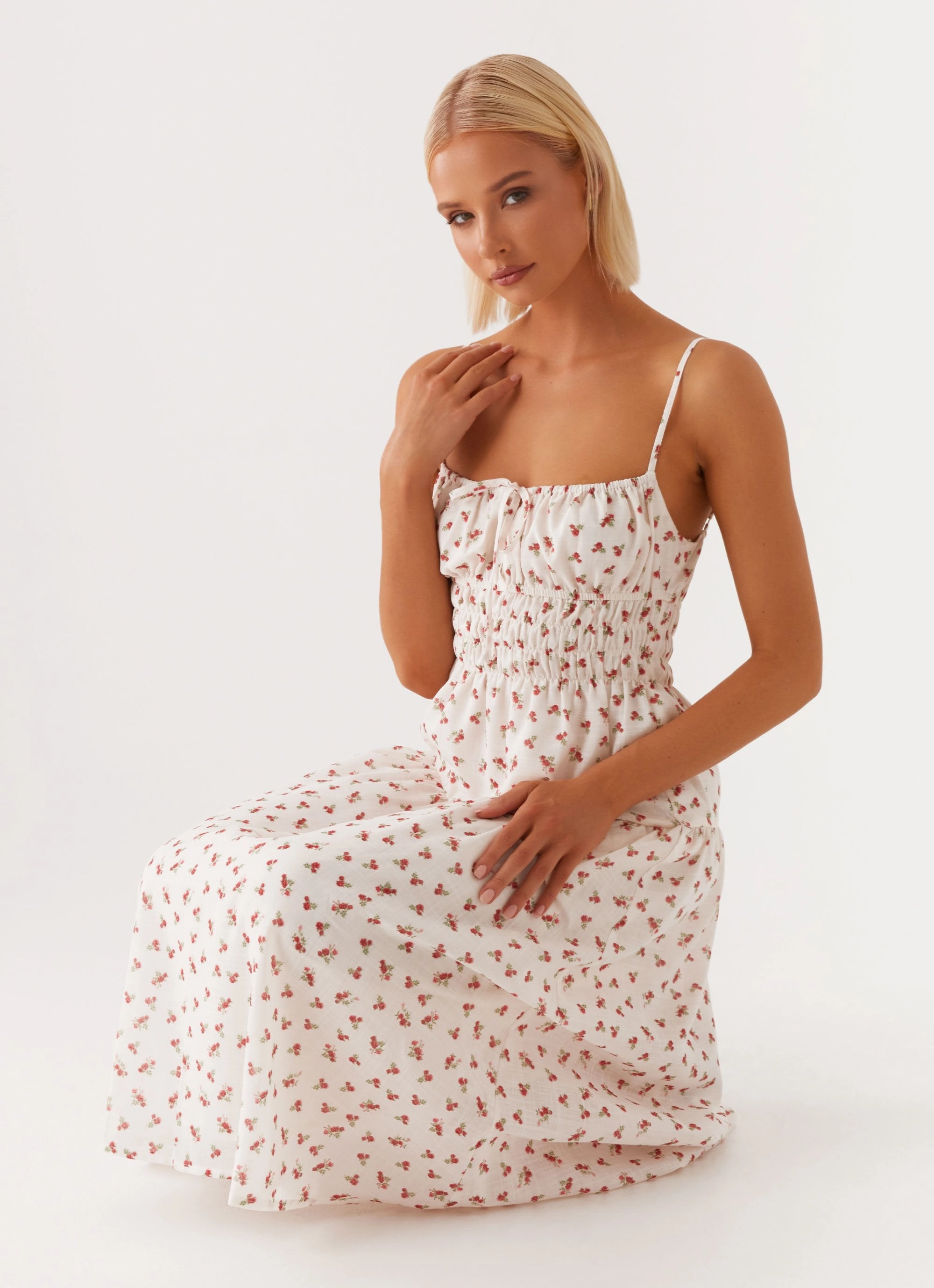 Fitted Style Arla Midi Dress - Red Ditsy Floral