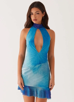 Arlo Mini Dress - Blue Tie Dye Subtle Edge wrap waist