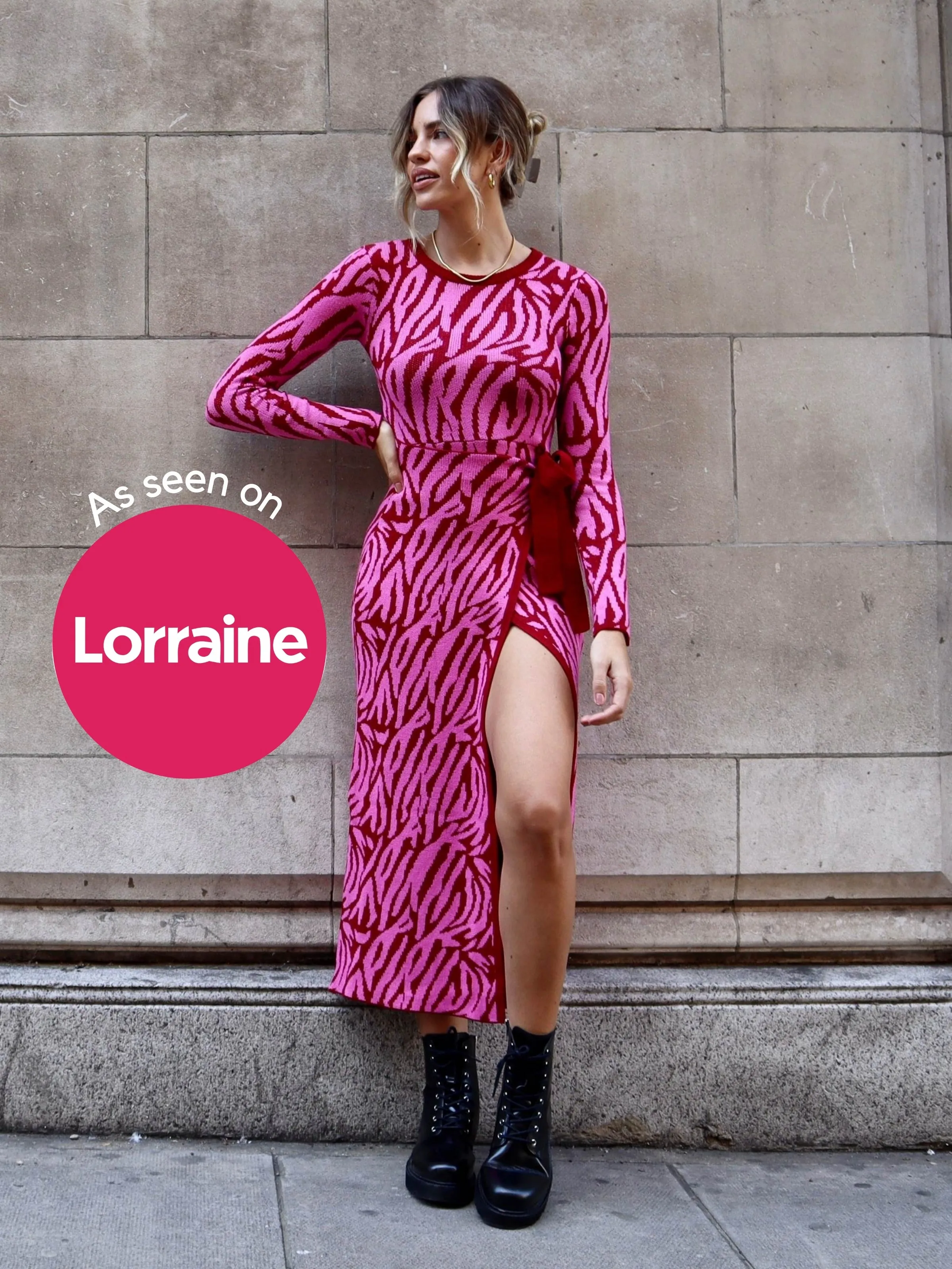 AS SEEN ON LORRAINE! Renee Zebra Jacquard Knitted Midaxi Dress / Pink Breathable Material