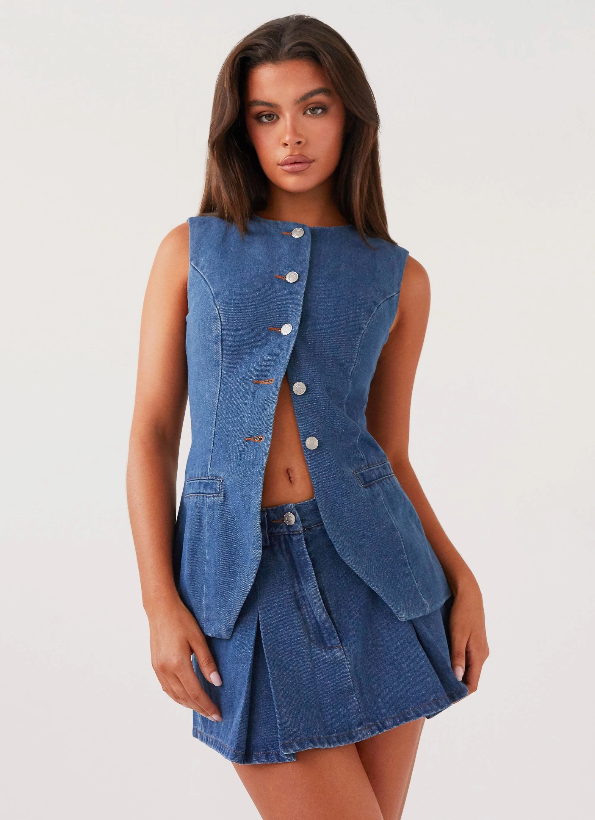 Ashlyn Denim Mini Skirt - Indigo High Rise Inverted Pleats