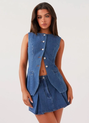 Ashlyn Denim Mini Skirt - Indigo High Rise Inverted Pleats