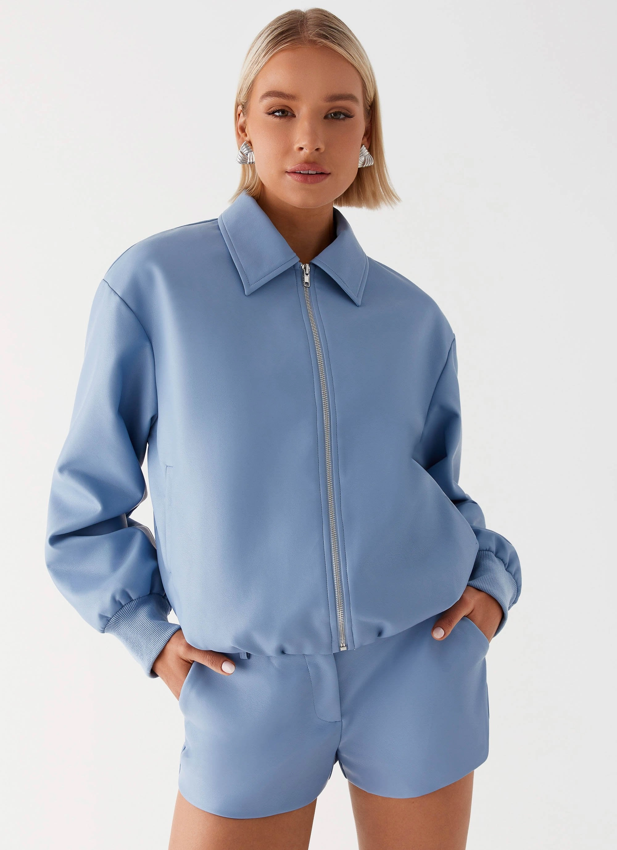 Aspen Oversized Bomber Jacket - Blue Relaxed Sweatshirt
