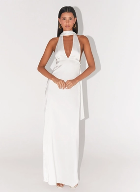 Tailored Waistband All-Occasion Wear Alicia Satin Halter Maxi Dress - White