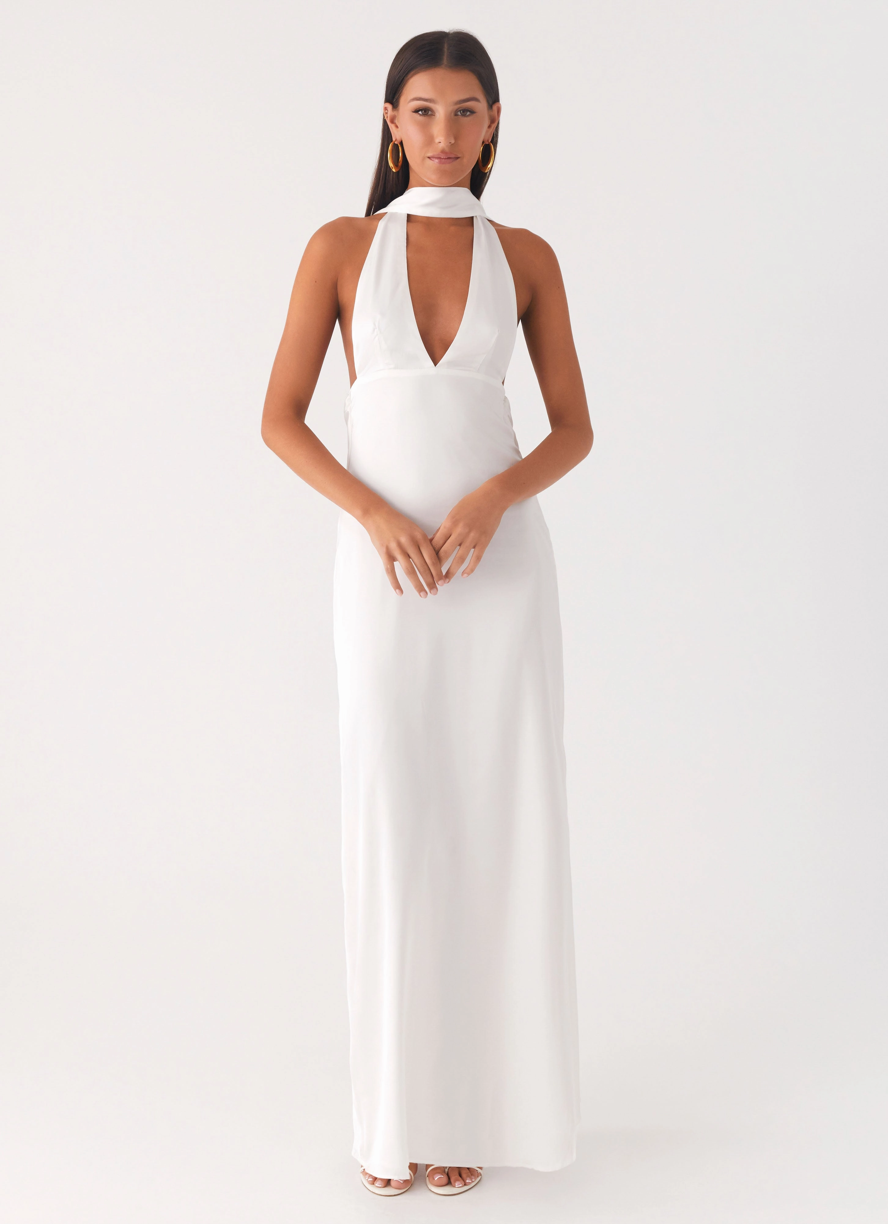 Alicia Satin Halter Maxi Dress - White Self Power Grace Soft
