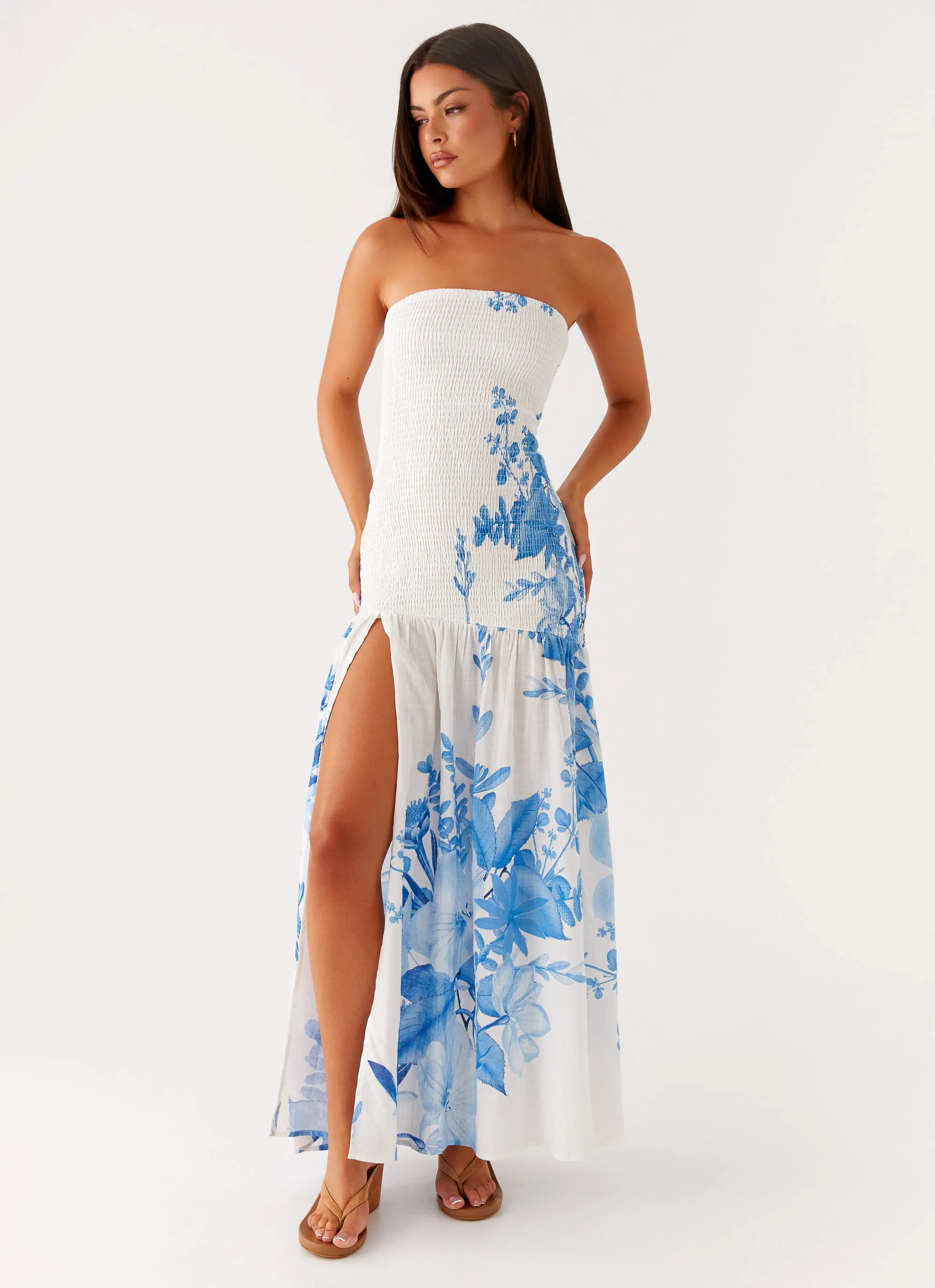 Rebecca Maxi Dress - Blue Floral Print Luxurious Texture Soft Presence