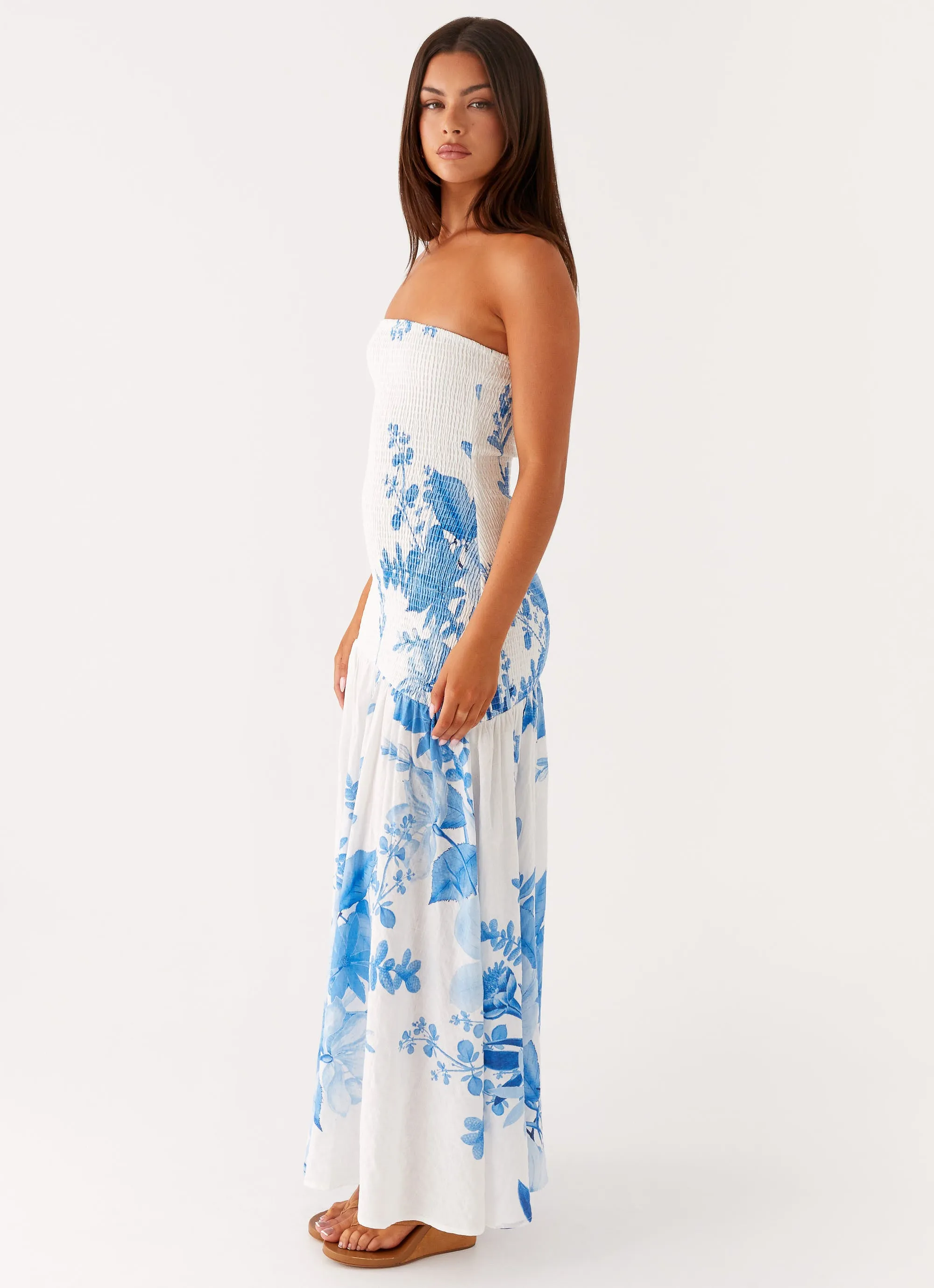 Rebecca Maxi Dress - Blue Floral Print Petite friendly Sophisticated Design