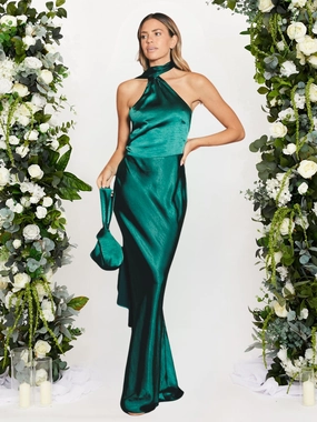 Bold Structure Timeless office dress Asymmetric Scarf Satin Maxi Dress / Emerald Green