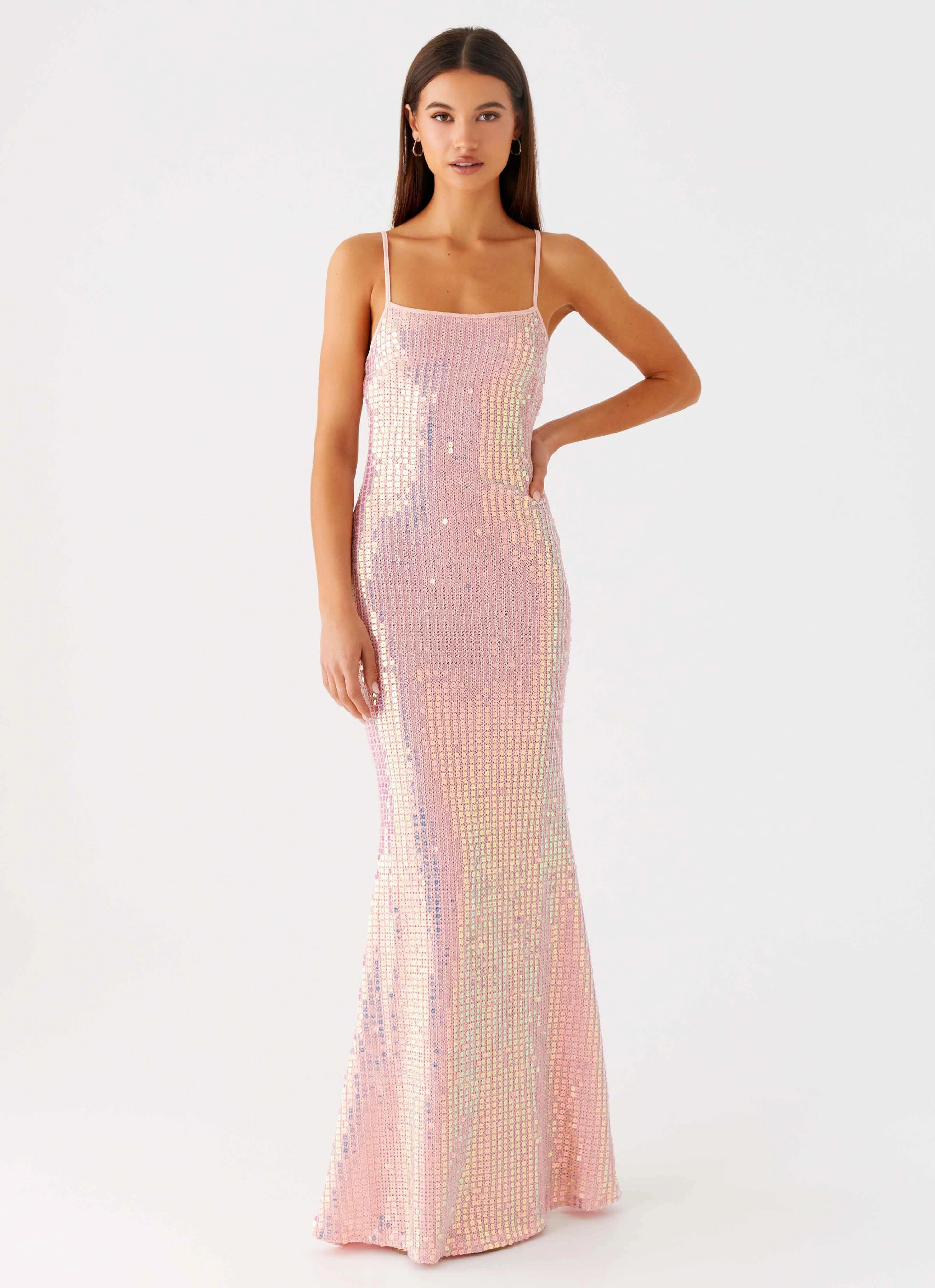 Attitude Knit Sequin Maxi Dress - Iridescent Pink Chic casual