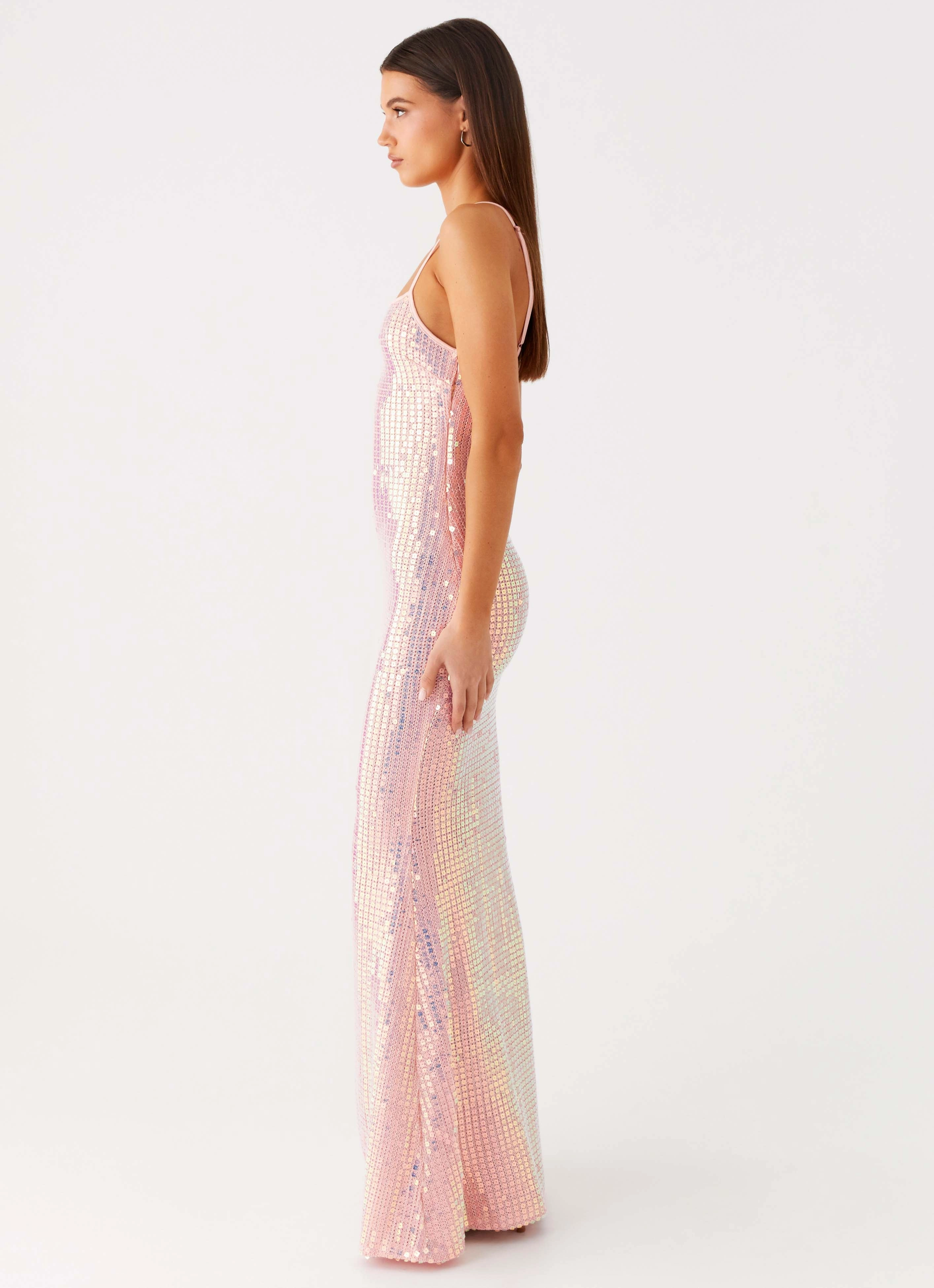 Attitude Knit Sequin Maxi Dress - Iridescent Pink Chic Everyday Wear Neutral Layer