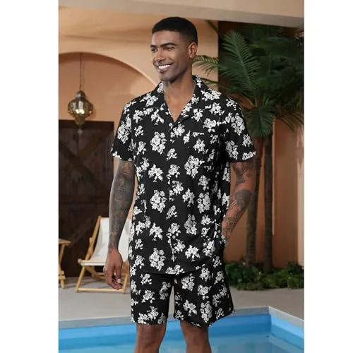 Aulemen Men's Hawaiian 2 Piece Outfit Summer Beach Shorts Sets Floral Pattern Printed Tracksuits Light Blue M