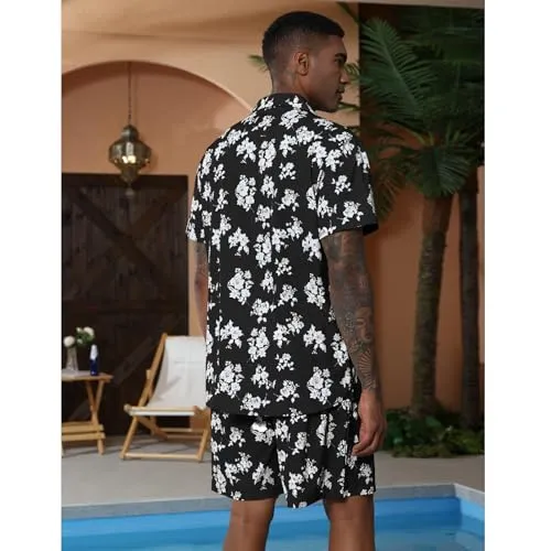Aulemen Men's Hawaiian 2 Piece Outfit Summer Beach Shorts Sets Floral Pattern Printed Tracksuits Light Blue M