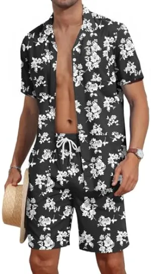 Aulemen Men's Hawaiian 2 Piece Outfit Summer Beach Shorts Sets Floral Pattern Printed Tracksuits Light Blue M