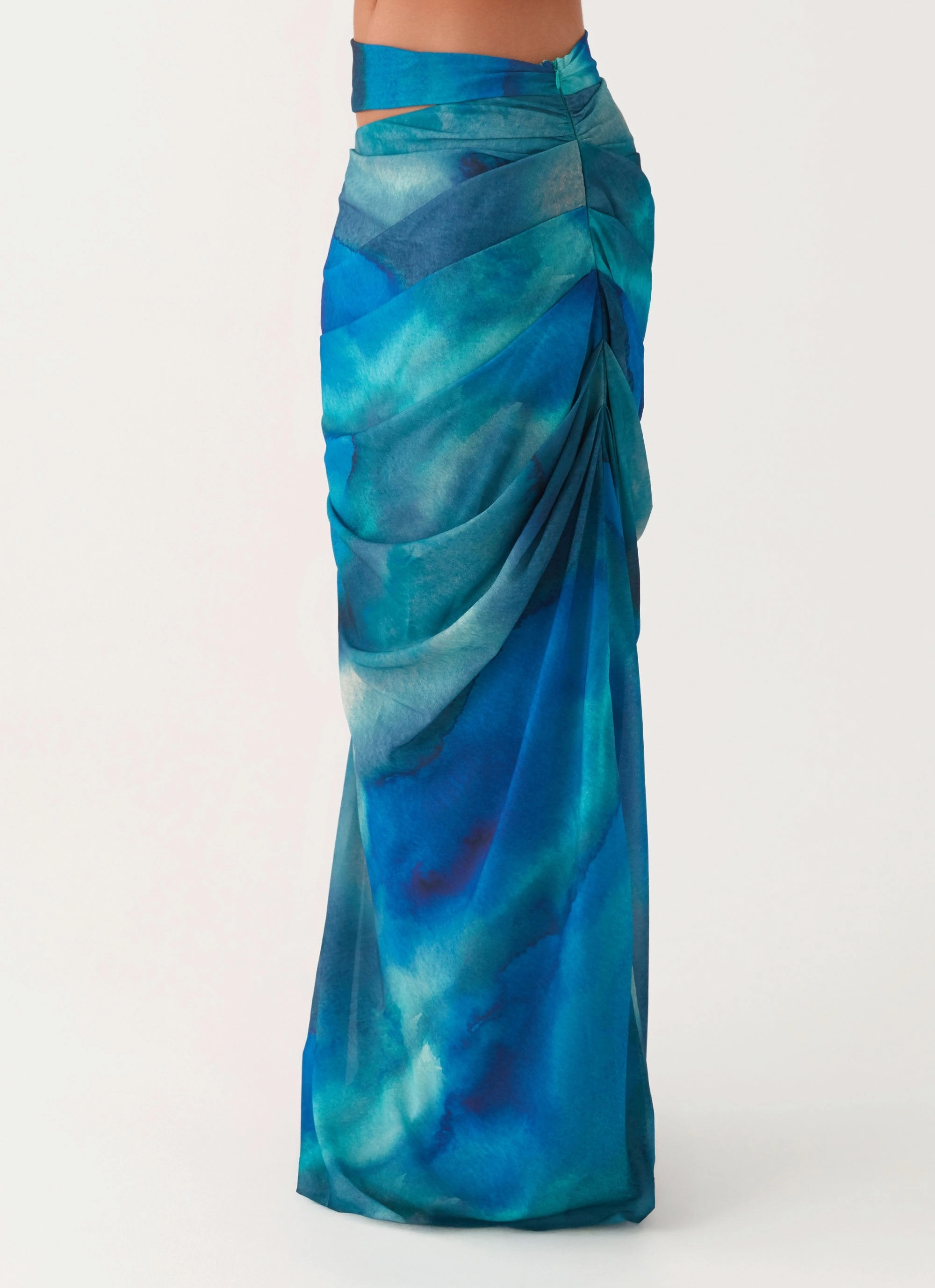 Austin Cut Out Maxi Skirt - Blue Tie Dye Fringe Detail Transitional Wear