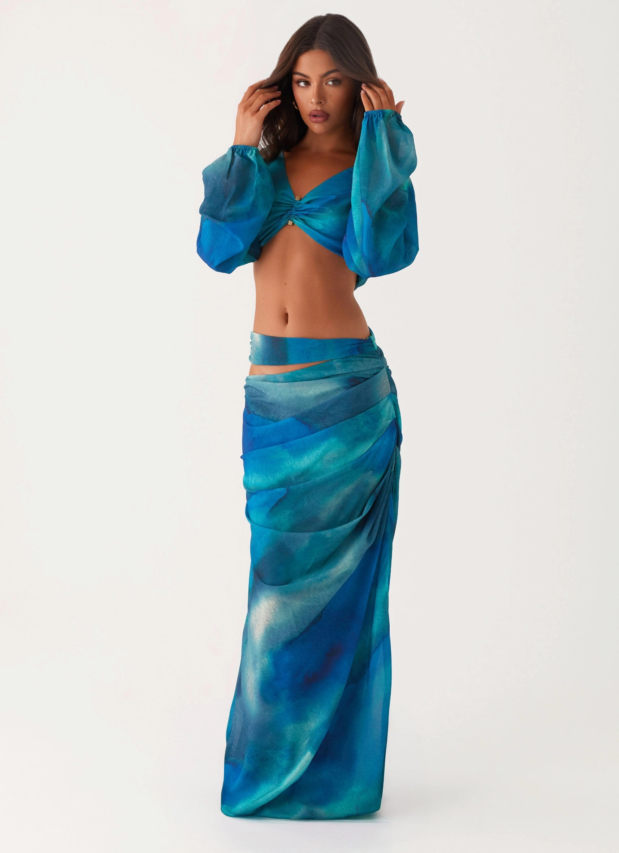 One size fits most Austin Cut Out Maxi Skirt - Blue Tie Dye