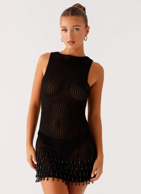 Sleek Presence Minimalist Style Miracle Beaded Crochet Mini Dress - Black