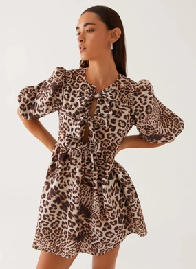 Airy Movement Western Wind Tie Mini Dress - Leopard