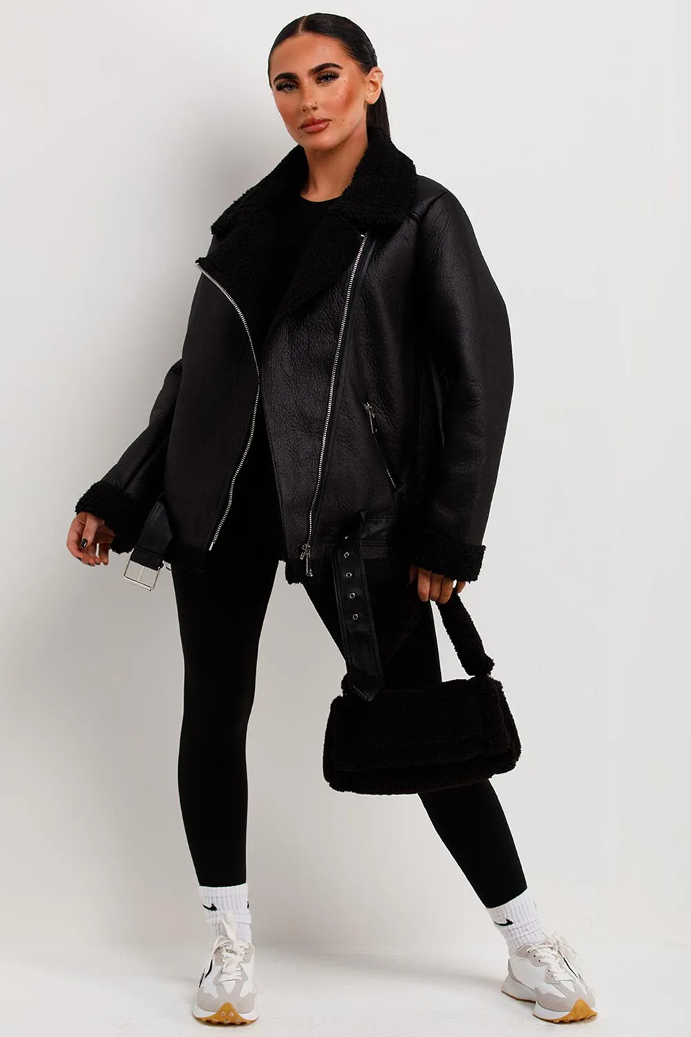 Aviator Jacket With Shearling Detail Black
