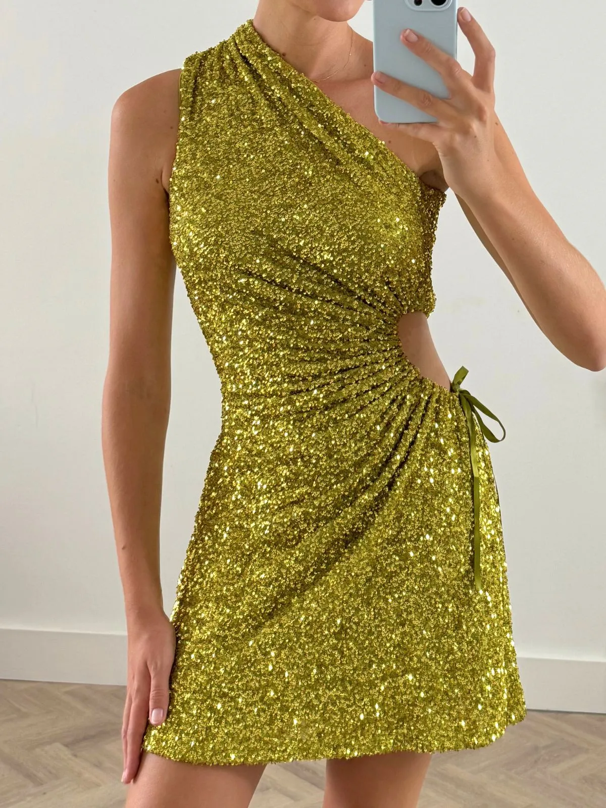 Ayla One Shoulder Mini Dress / Lime Sequin Subtle Flow Ready Glow