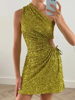 Ayla One Shoulder Mini Dress / Lime Sequin Youthful Feel Timeless Fashion