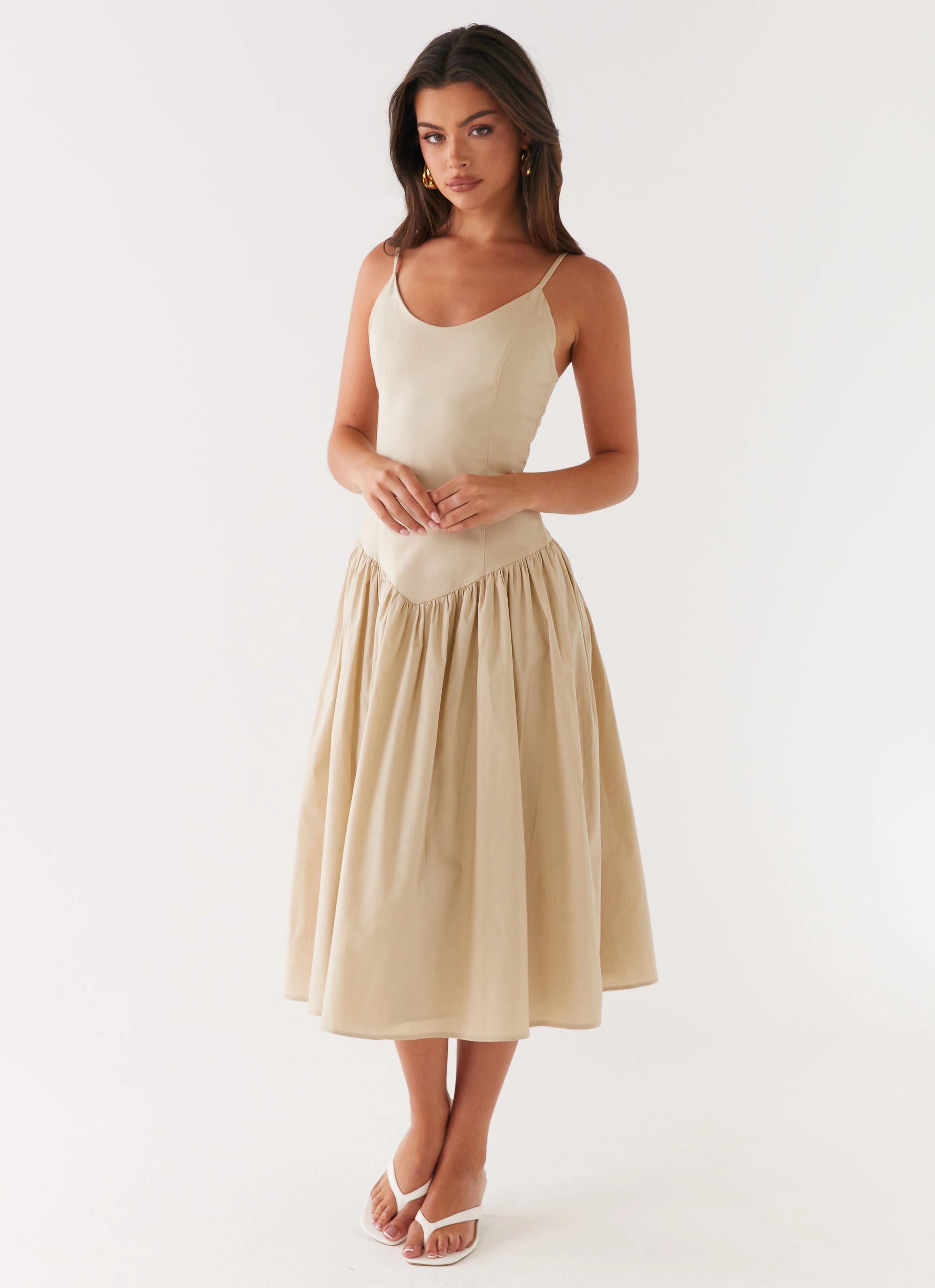 Shirred-Detail AdjustableStraps Azalea Midi Dress - Beige
