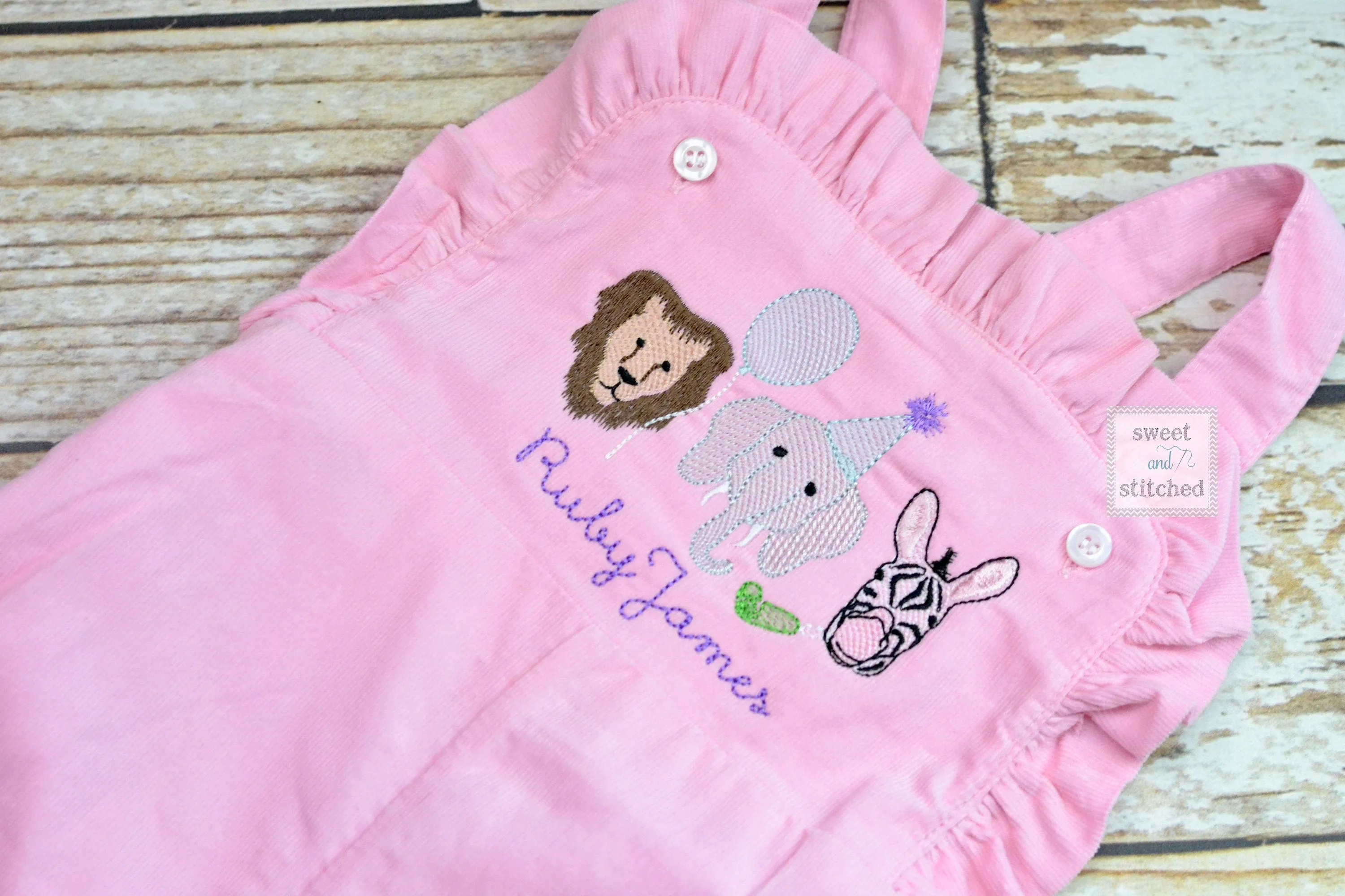 Baby girl monogrammed zoo birthday overalls, monogrammed zoo animal birthday party outfit, safari birthday cake smash