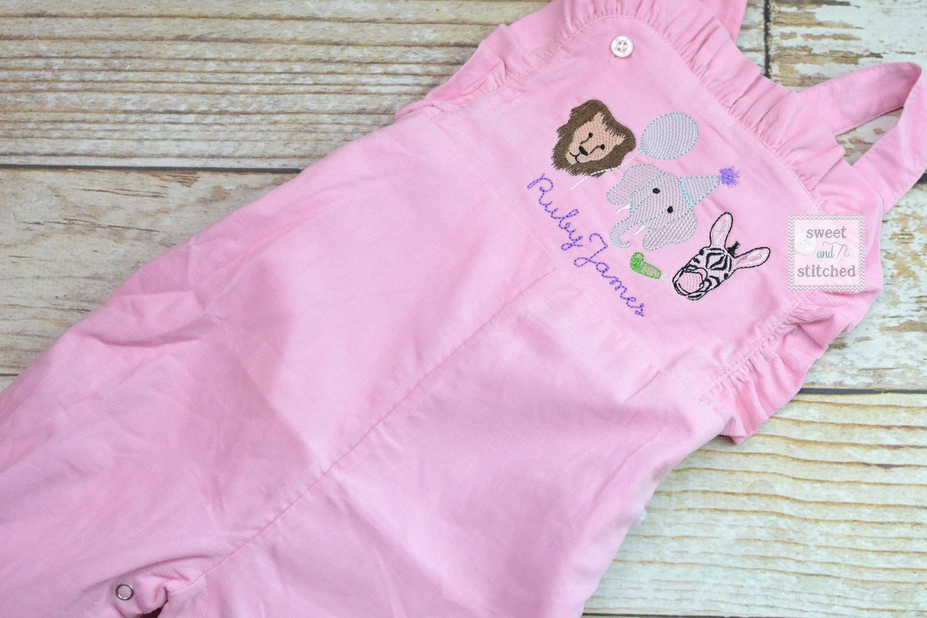 Baby girl monogrammed zoo birthday overalls, monogrammed zoo animal birthday party outfit, safari birthday cake smash