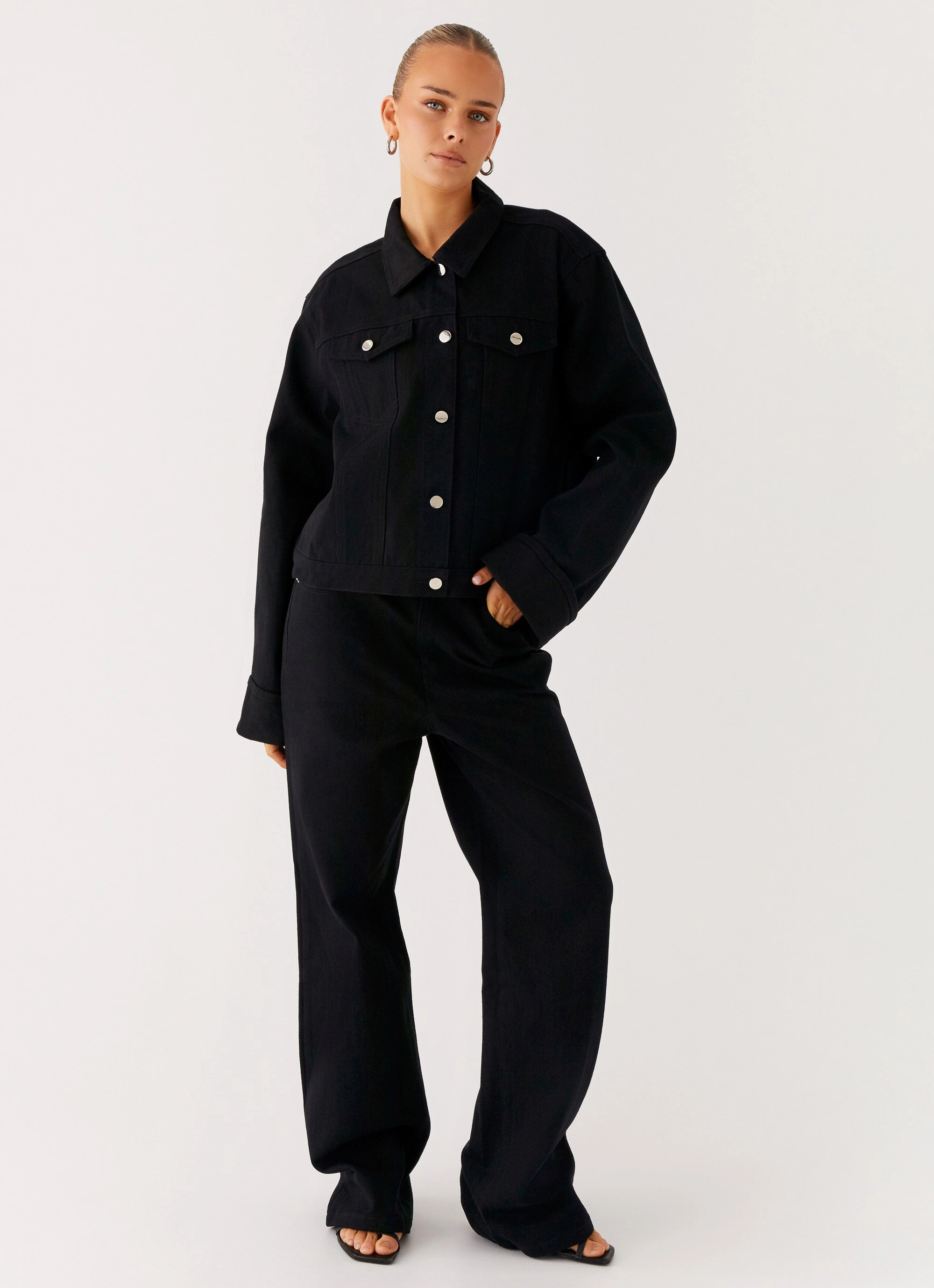 Back Again Oversized Denim Jacket - Black Water Resistant Shell