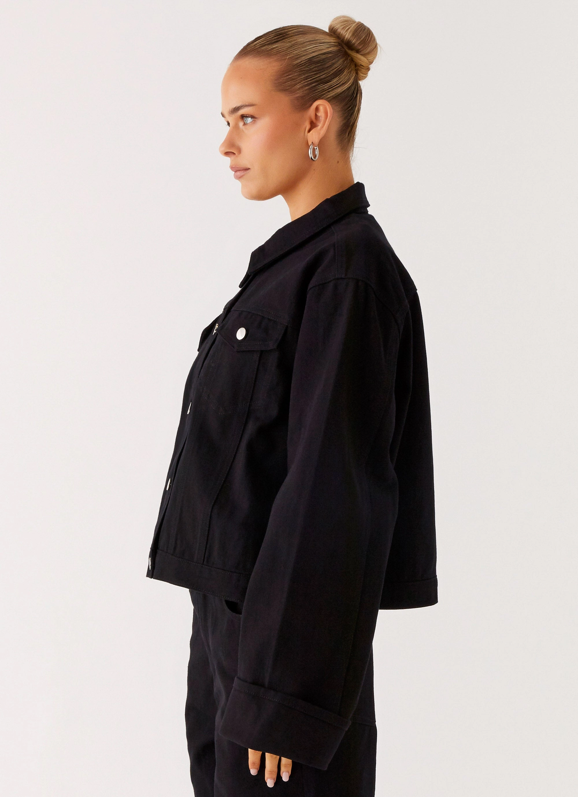 Back Again Oversized Denim Jacket - Black Bonded Collars Expandable Side Gussets