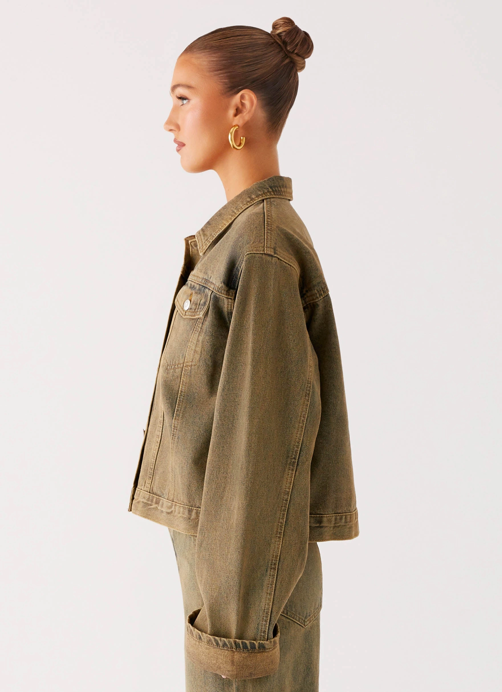 Flexible Shoulder Design Adaptive Layering System Back Again Oversized Denim Jacket - Brown Sand Wash