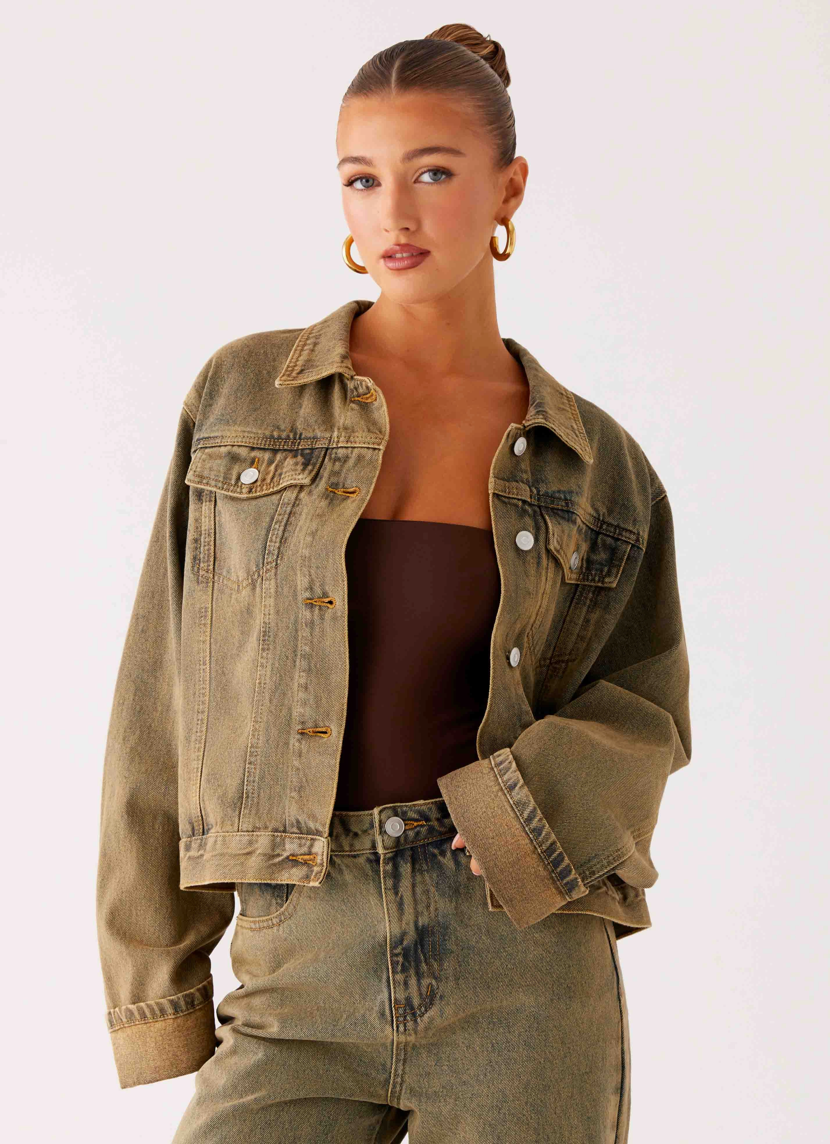 Full Length Zipper Back Again Oversized Denim Jacket - Brown Sand Wash