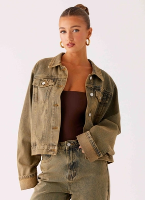 Full Length Zipper Back Again Oversized Denim Jacket - Brown Sand Wash